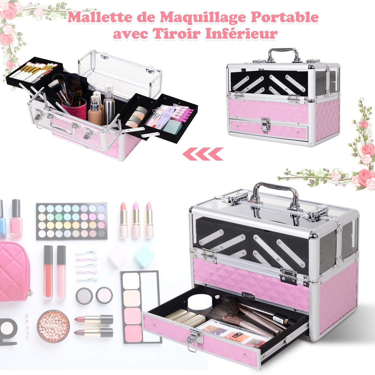 HOMCOM Mallette à maquillage - coffre à cosmétiques - rangement produits de beauté - dim. 30L x 18l x 22H cm - poignée serrure alu. acrylique