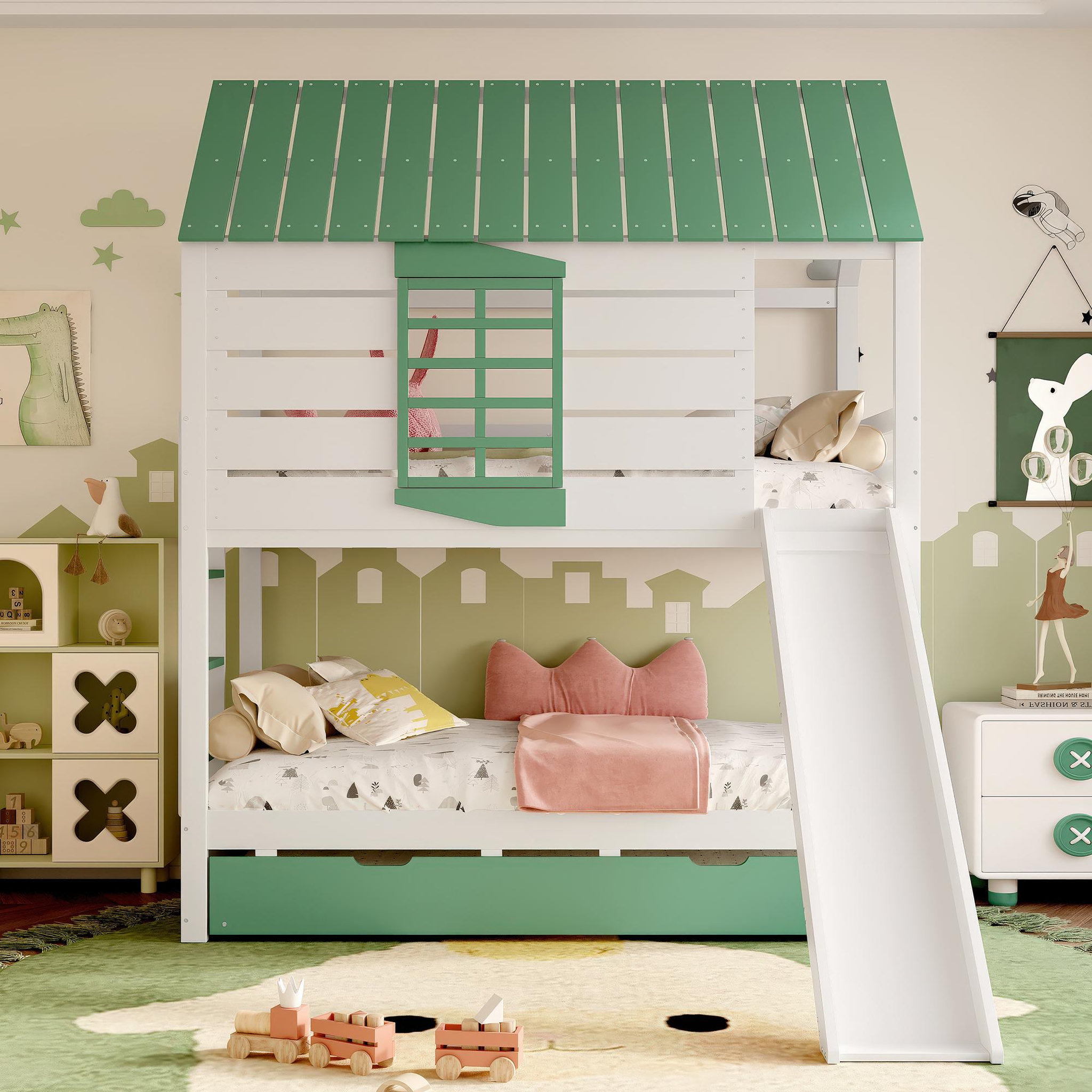 Voir la diapositive 2 : MERAX Lit superposé 140x200cm coloris blanc+vert pin et mdf