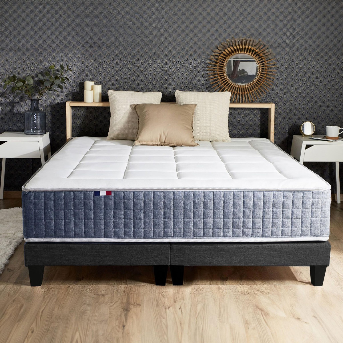 IDLITERIE Ensemble Matelas Ressort 7 zones + Mémoire de forme + Sommier KING STYLE + couette + oreillers - Fabriqué en France