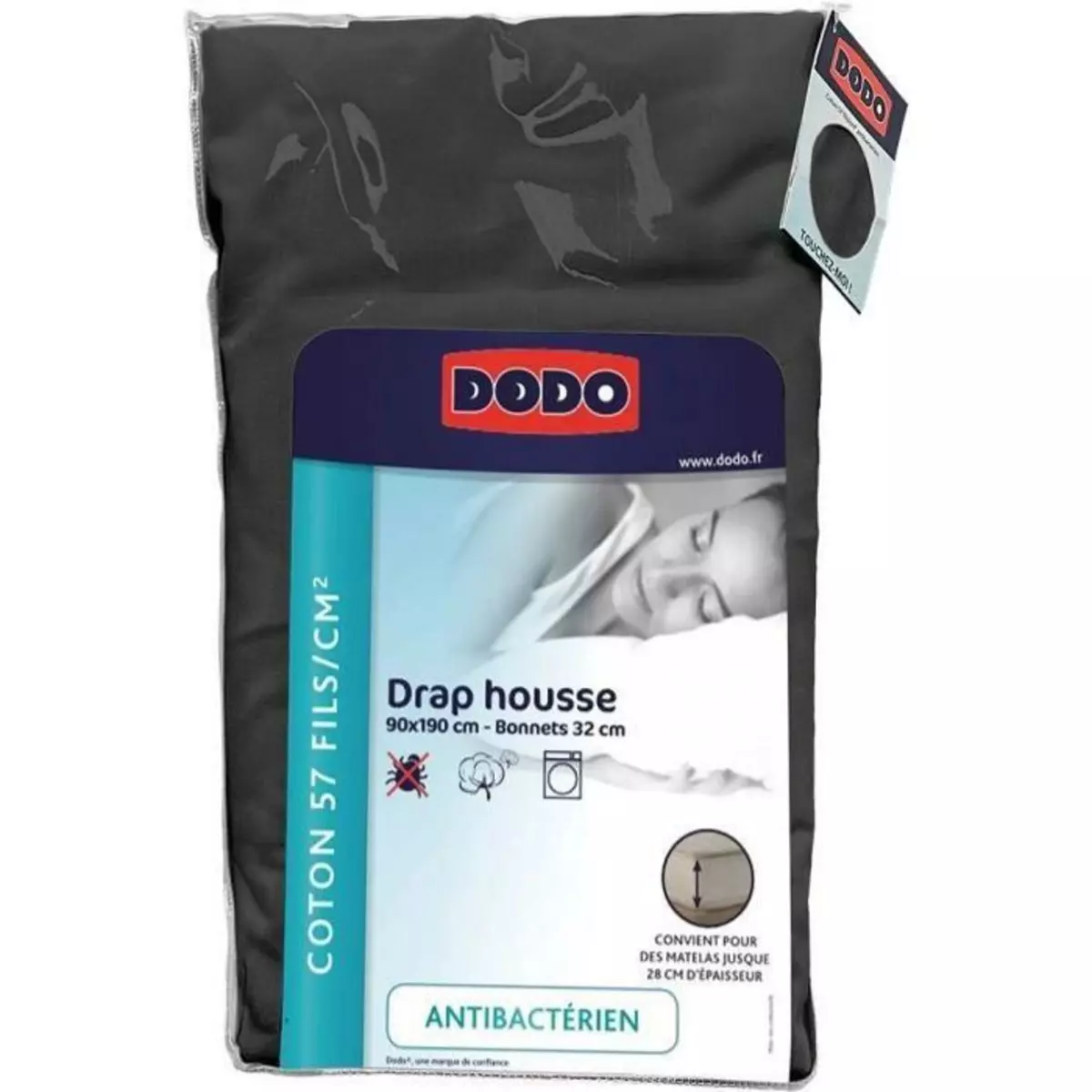  DRAP HOUSSE DODO - ANTIBACTERIENS - ANTHRACITE - 90X190 cm - Bonnet 32 cm