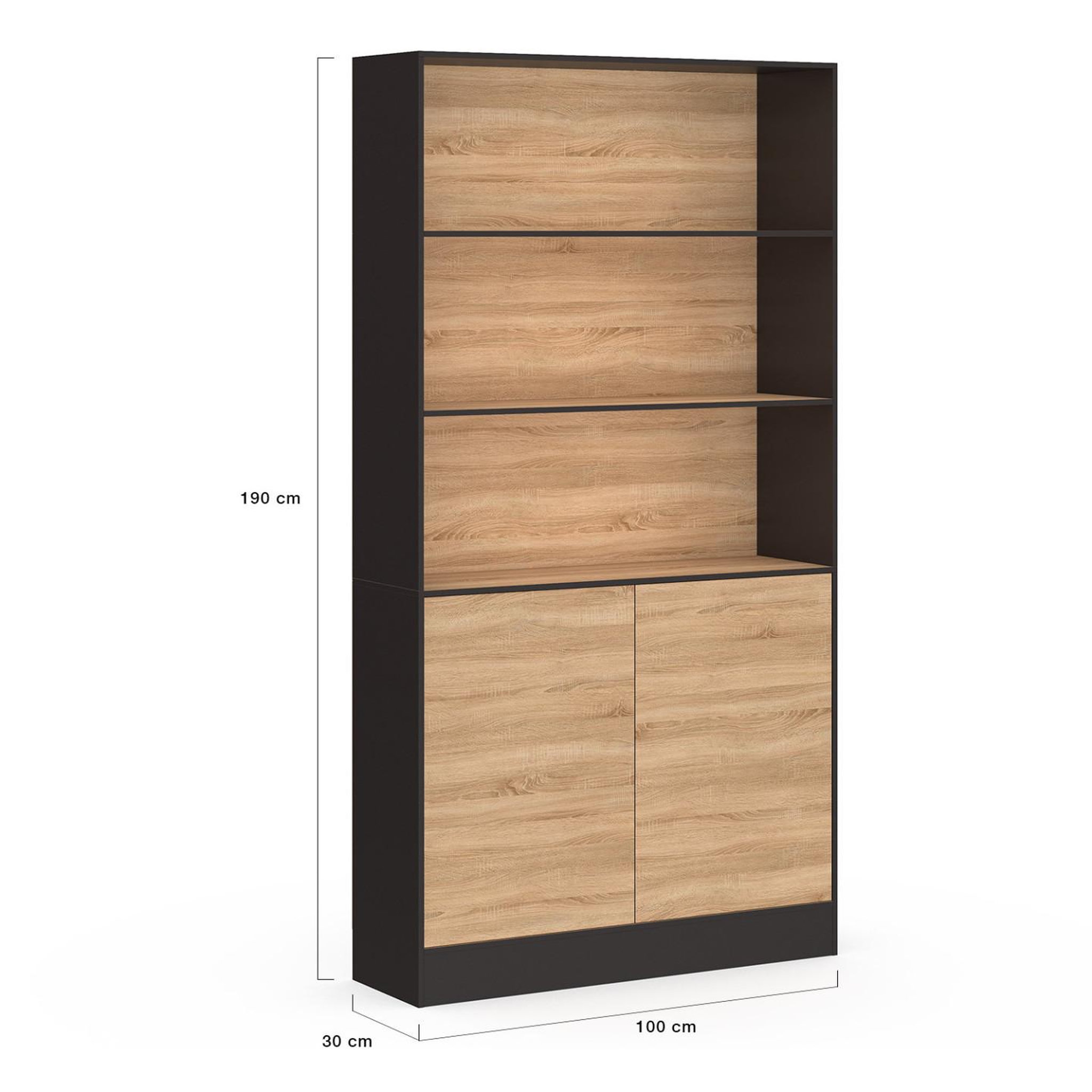 Voir la diapositive 5 : ID MARKET Etagère bibliothèque carla 3 niveaux xxl 1 placard noir et effet bois 190 cm