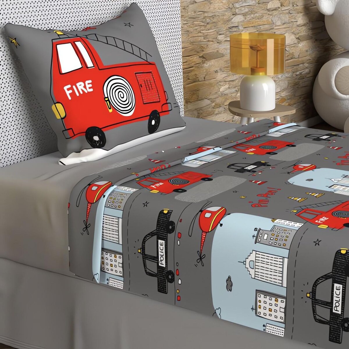 SOLEIL D'OCRE Parure de draps 180x290 cm POMPIERS, 100% coton 57 fils/cm2, par Soleil d'Ocre