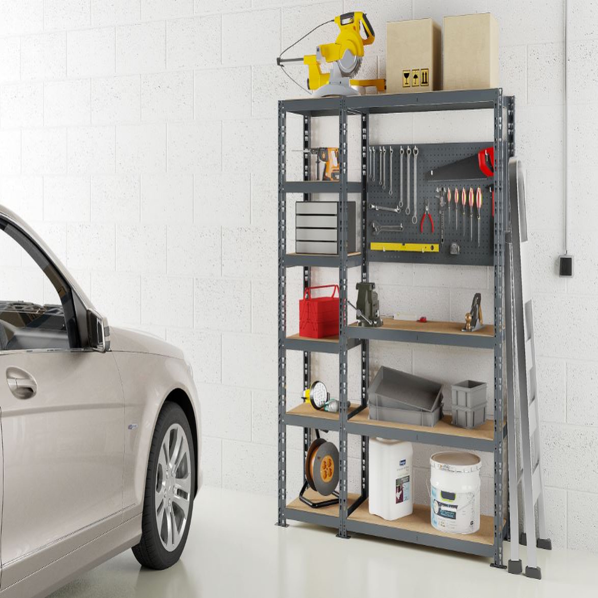 Voir la diapositive 3 : Concept rangement de garage MODULÖ STORAGE SYSTEME EXTENSION 2 étagères-établi 10 plateaux longueur 150 cm