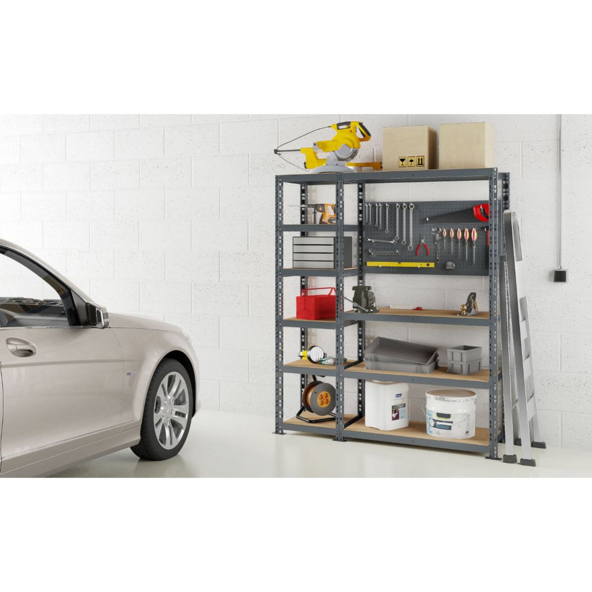 Concept rangement de garage MODULÖ STORAGE SYSTEME EXTENSION 2 étagères-établi 10 plateaux longueur 150 cm