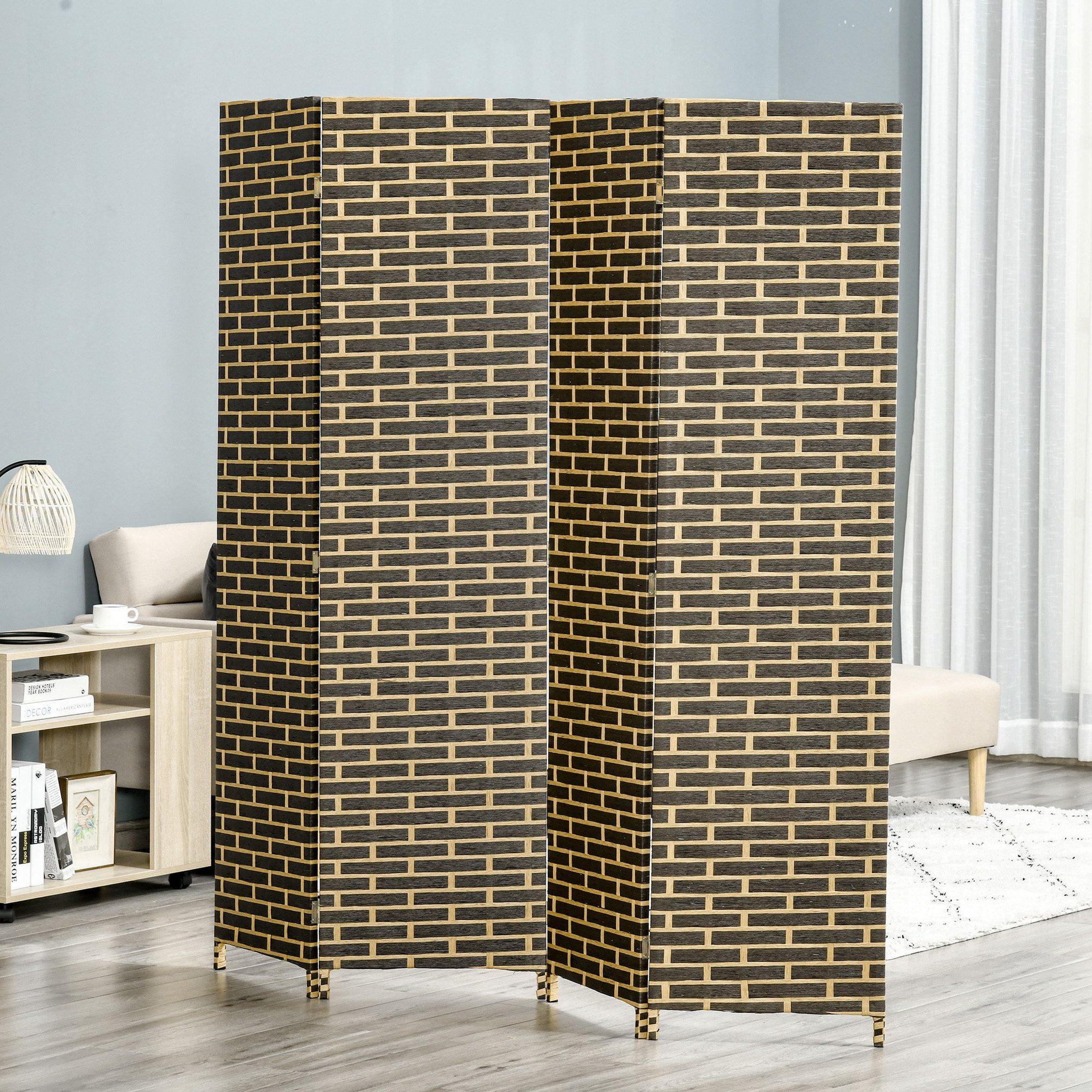 Voir la diapositive 2 : HOMCOM Paravent intérieur 4 panneaux pliables séparateur de pièce bois de peuplier fibres de papier tressée chocolat paille