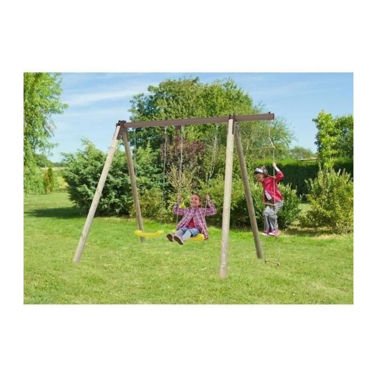 Trigano Portique bois et metal - 1,90m - 2 balancoires et 1 echelle - PIKI TRIGANO
