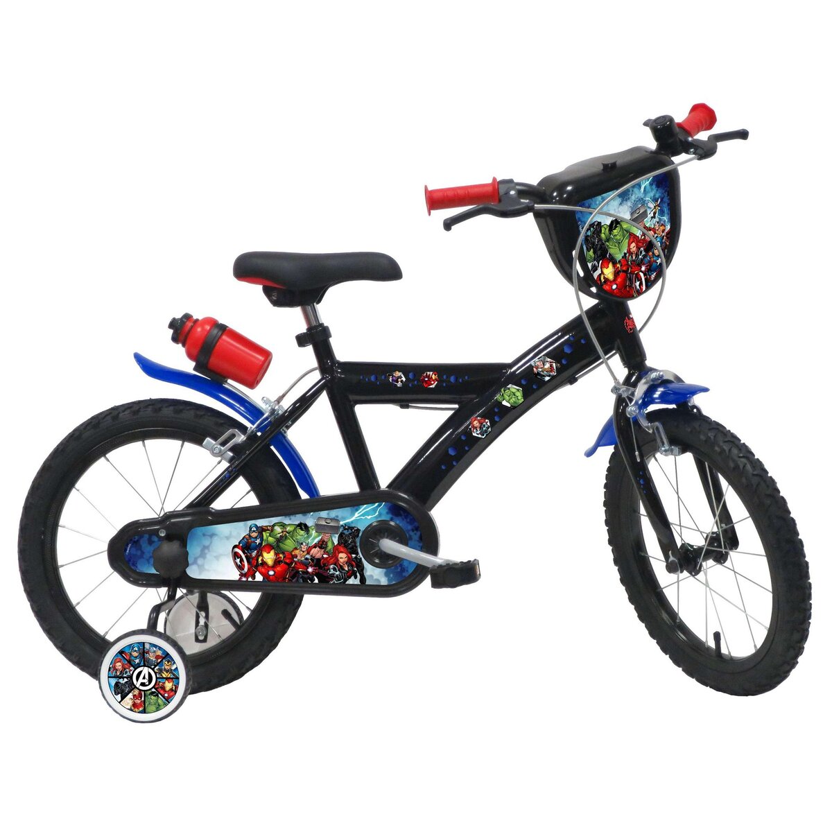 Marvel Vélo enfant - Modèle 16'' Avengers/Marvel pour enfant de 105 à 120 cm avec stabilisateurs - Plaque décorative avant - Bidon arrière - 2 freins & Pneus gonflables.