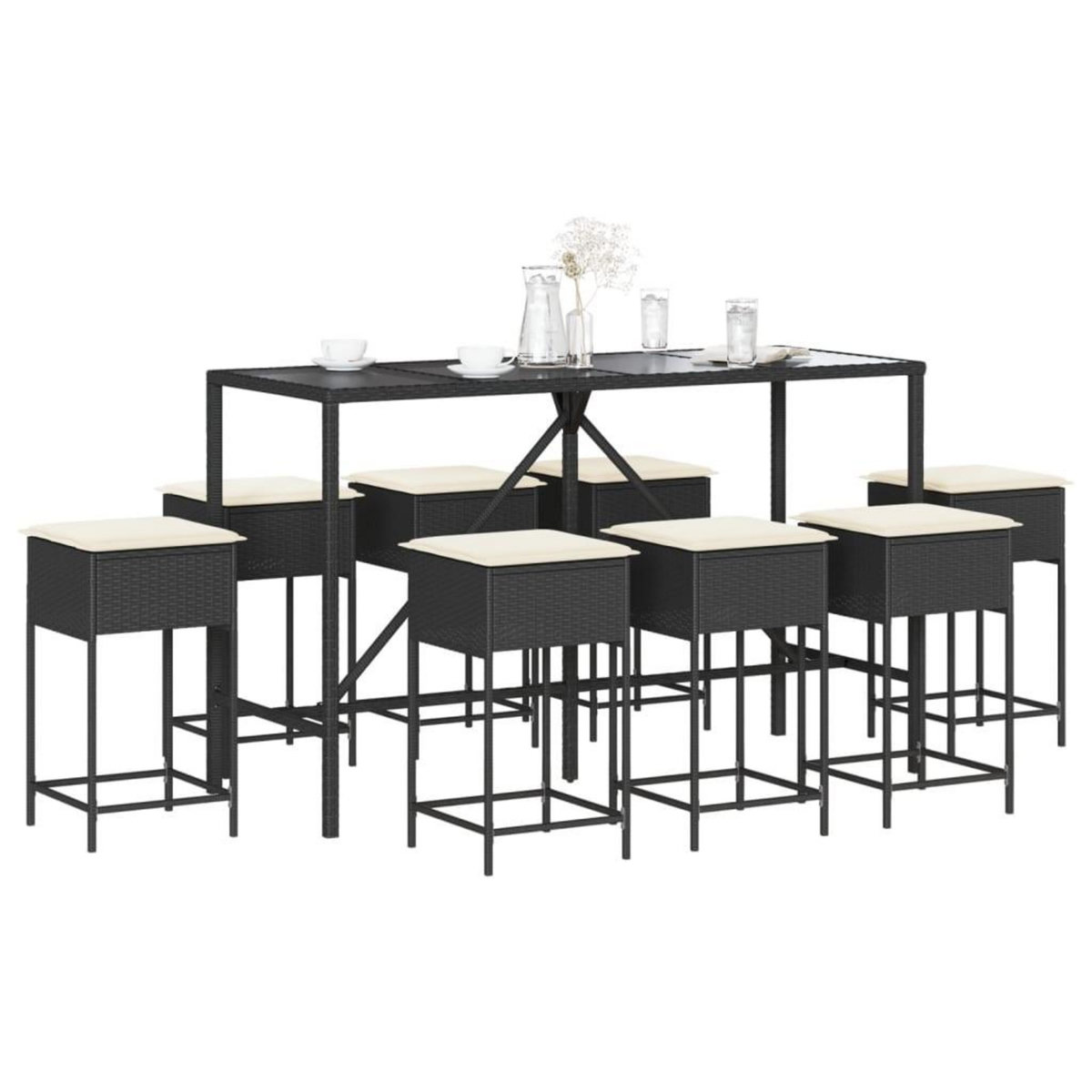 VIDAXL Ensemble de bar de jardin 9 pcs avec coussins noir poly rotin