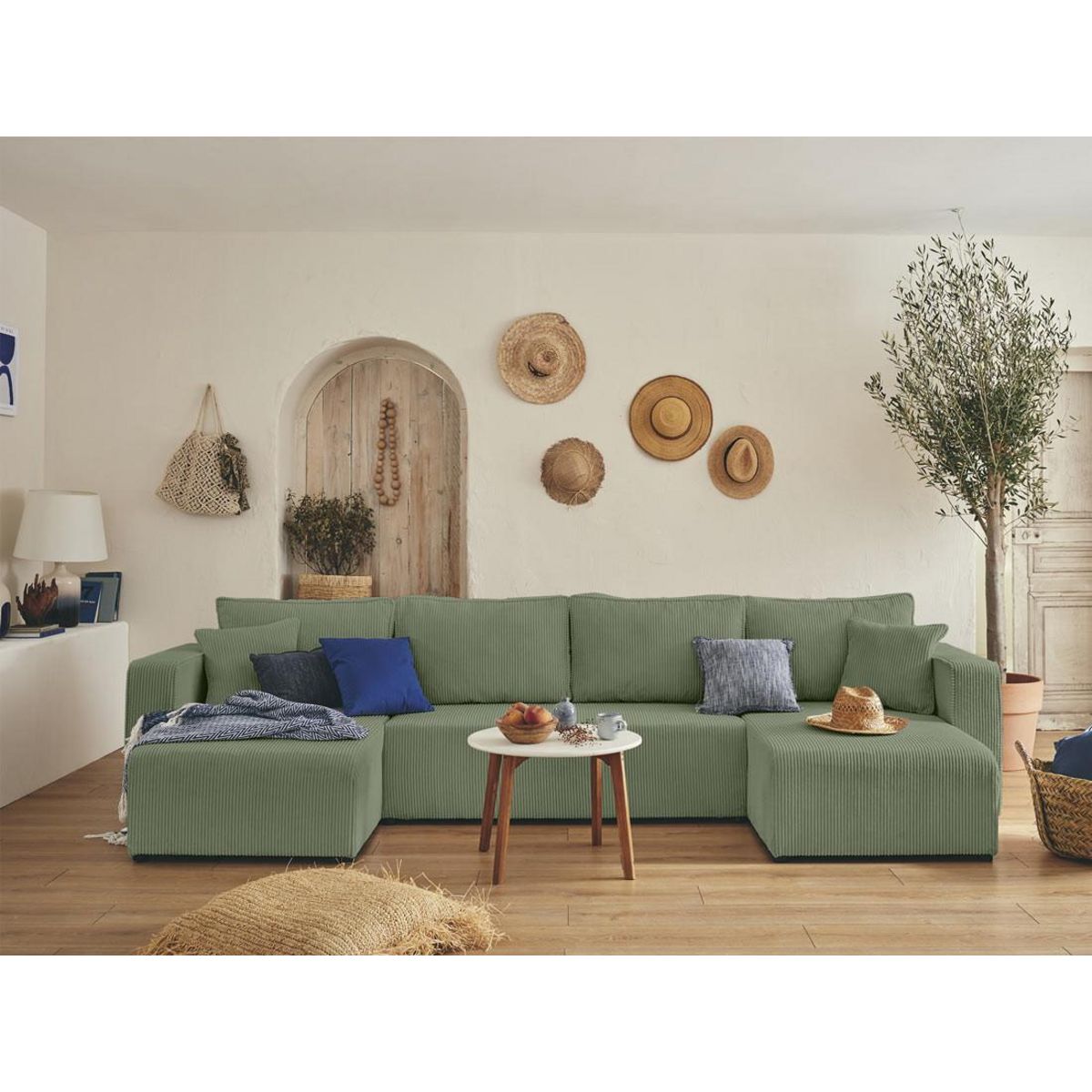 BEST MOBILIER Topaze - canapé panoramique en u - 7 places - convertible avec coffre - en velours côtelé