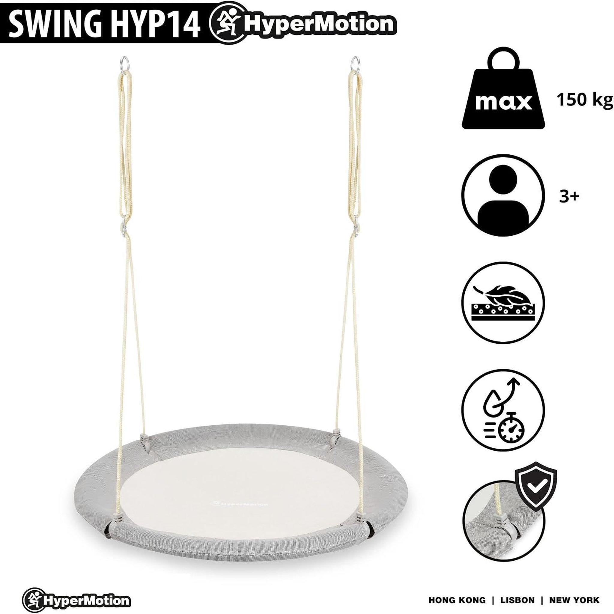 Voir la diapositive 2 : HYPERMOTION Balançoire Nid de Cigogne Ø 100 cm Grise, Cordes Réglables, Charge Max. 150 kgs-