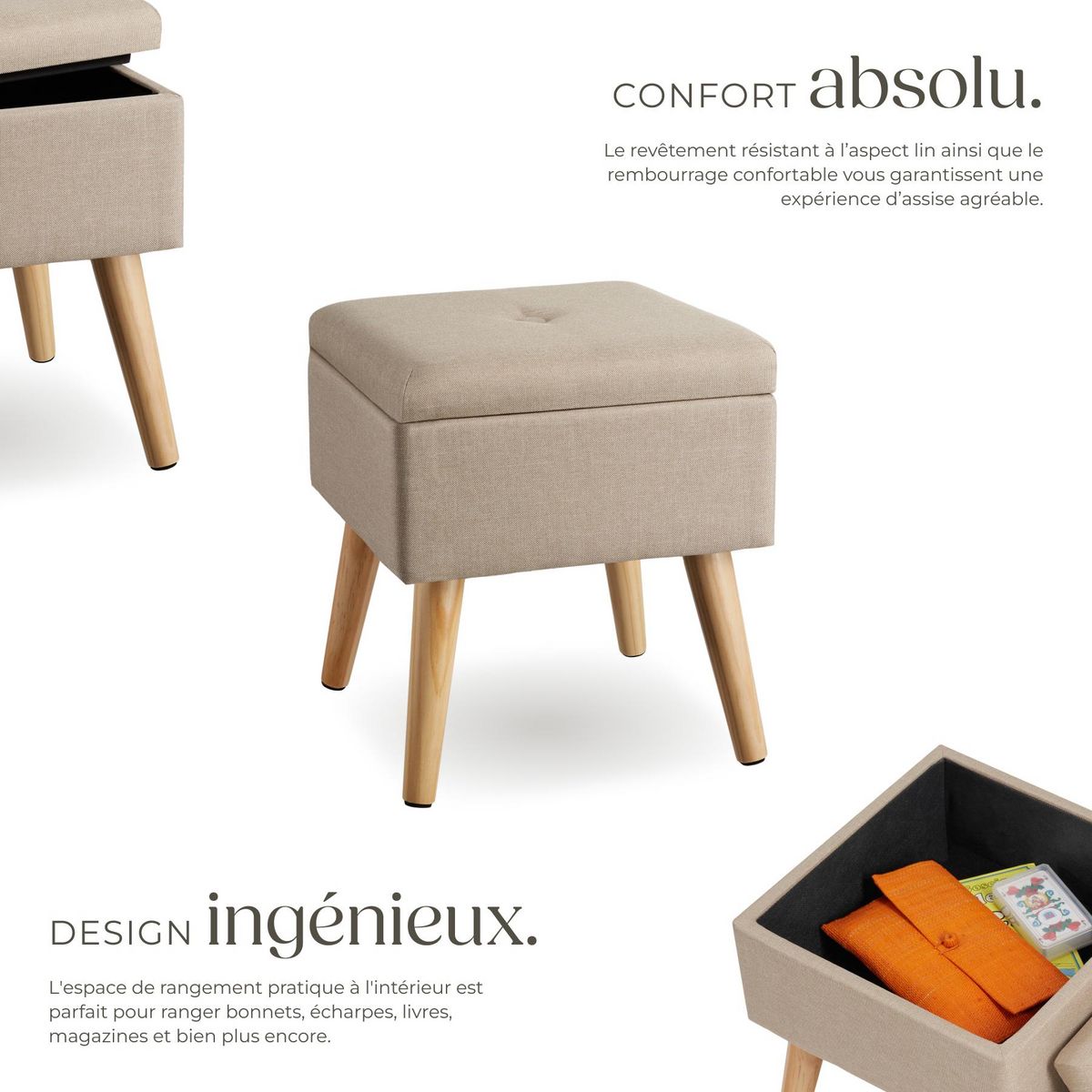 tectake Pouf avec espace de rangement carré sable