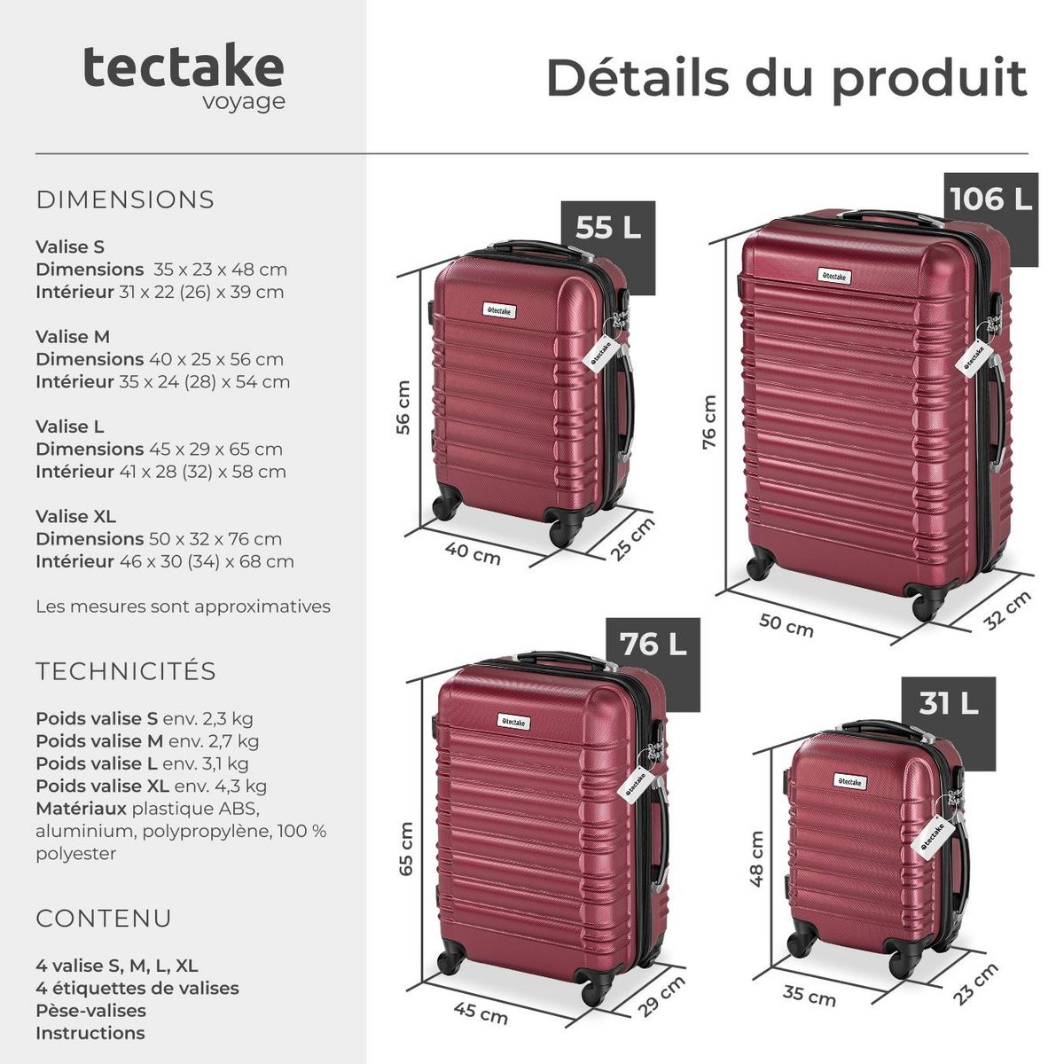 tectake Set de valises rigides 4 pièces en plastique ABS robuste, pèse-bagages et une étiquette de valise incluses rouge bordeaux
