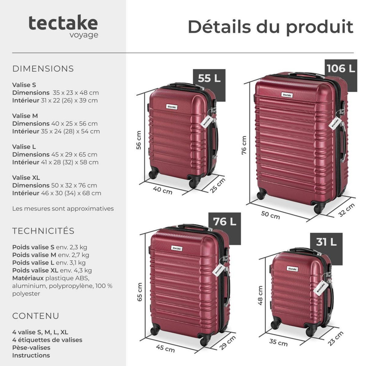 tectake Set de valises rigides 4 pièces en plastique ABS robuste, pèse-bagages et une étiquette de valise incluses rouge bordeaux