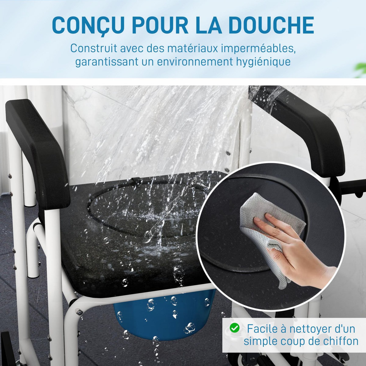 HOMCOM Chaise percée médicale à roulettes - repose-pieds, dossier, accoudoirs, pot amovible, support papier - alu blanc HDPE noir