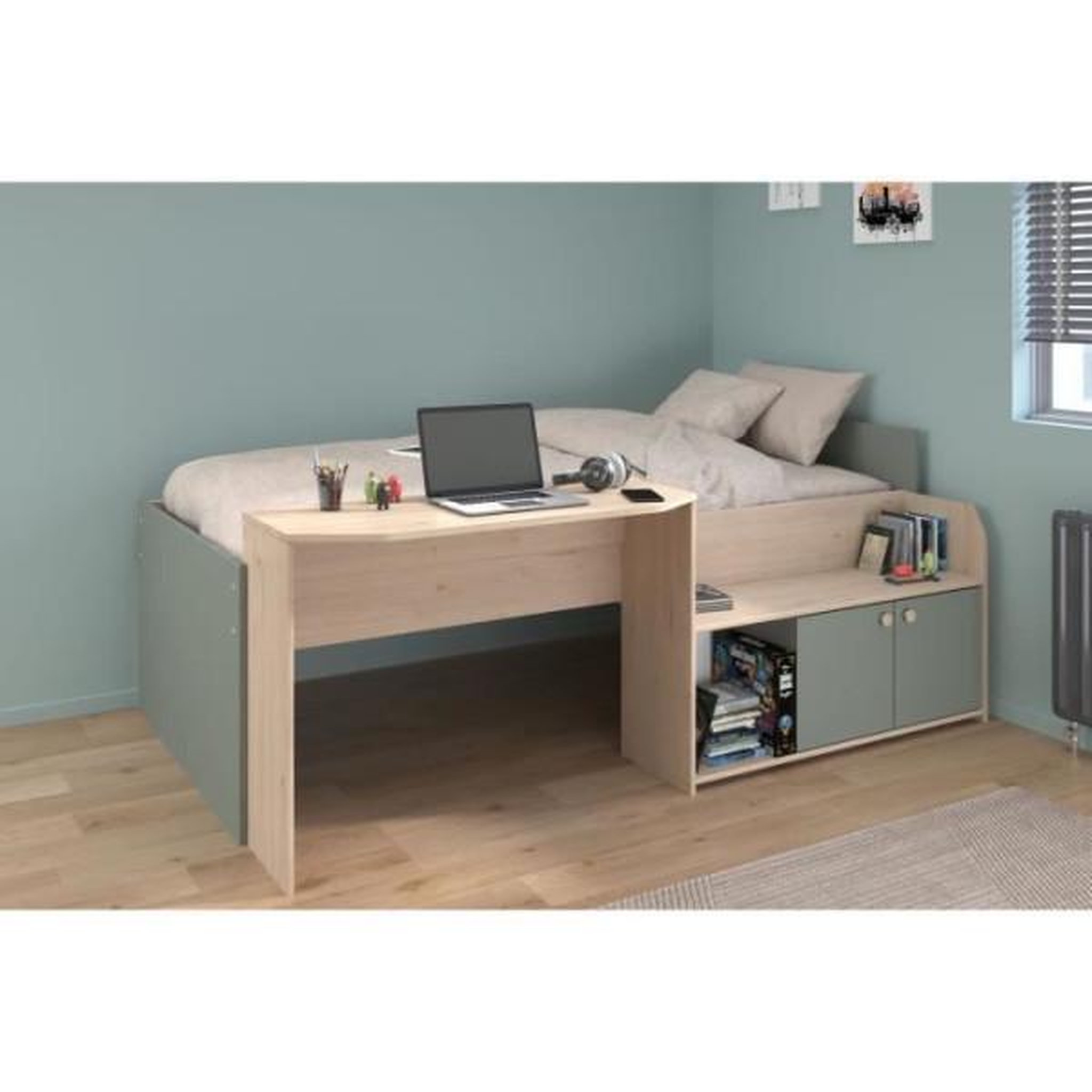 Voir la diapositive 4 : PARISOT Lit combiné enfant 90x190/200 cm JADE - Chene / Vert céladon - Bureau et rangements - PARISOT