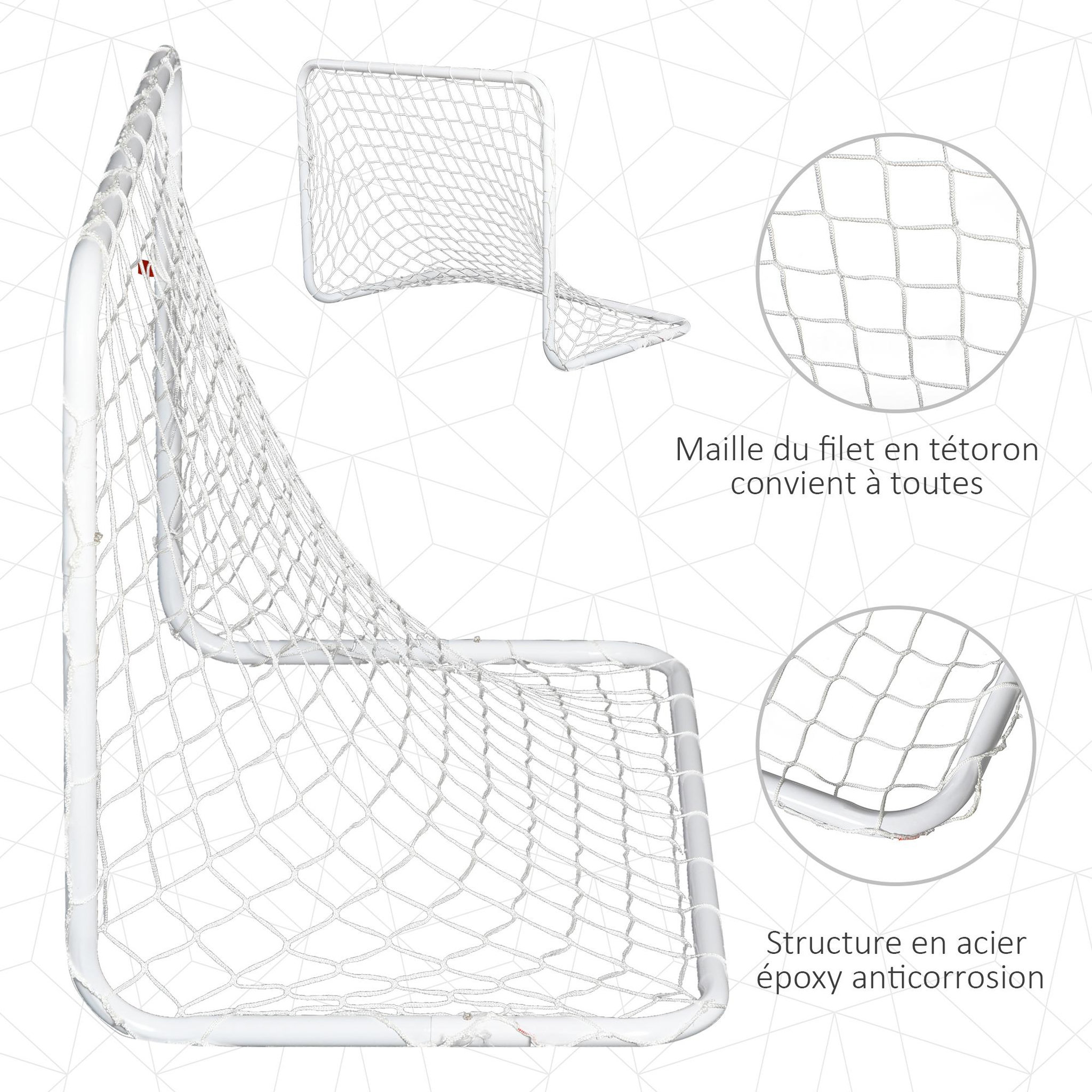 Voir la diapositive 6 : HOMCOM Set de 2 mini cages de football pour enfant - ballon, pompe, piquets inclus - 78L x 46l x 56H cm - métal blanc