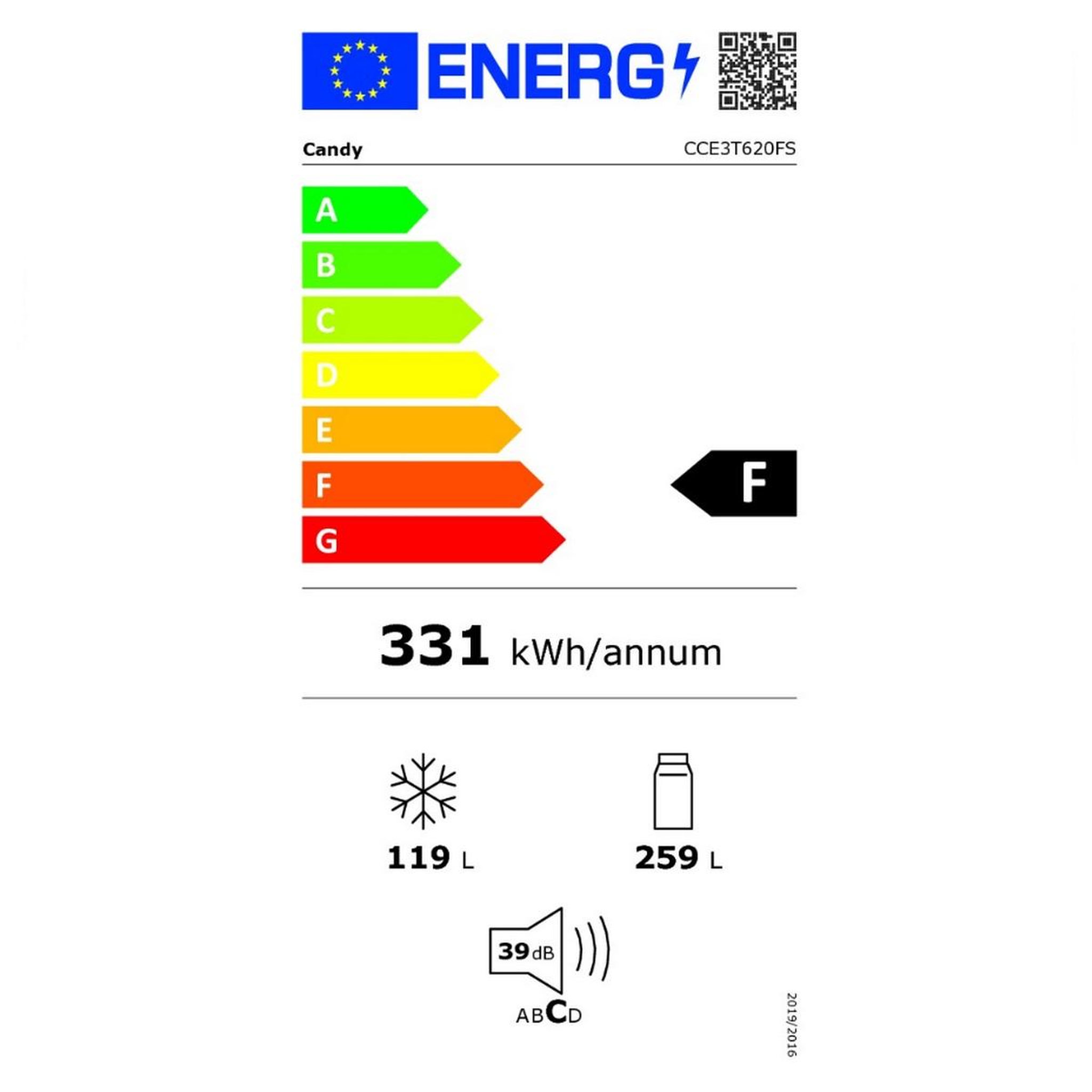 Voir la diapositive 2 : Candy Réfrigérateur combiné 60cm 378l ventilé silver - cce3t620fs