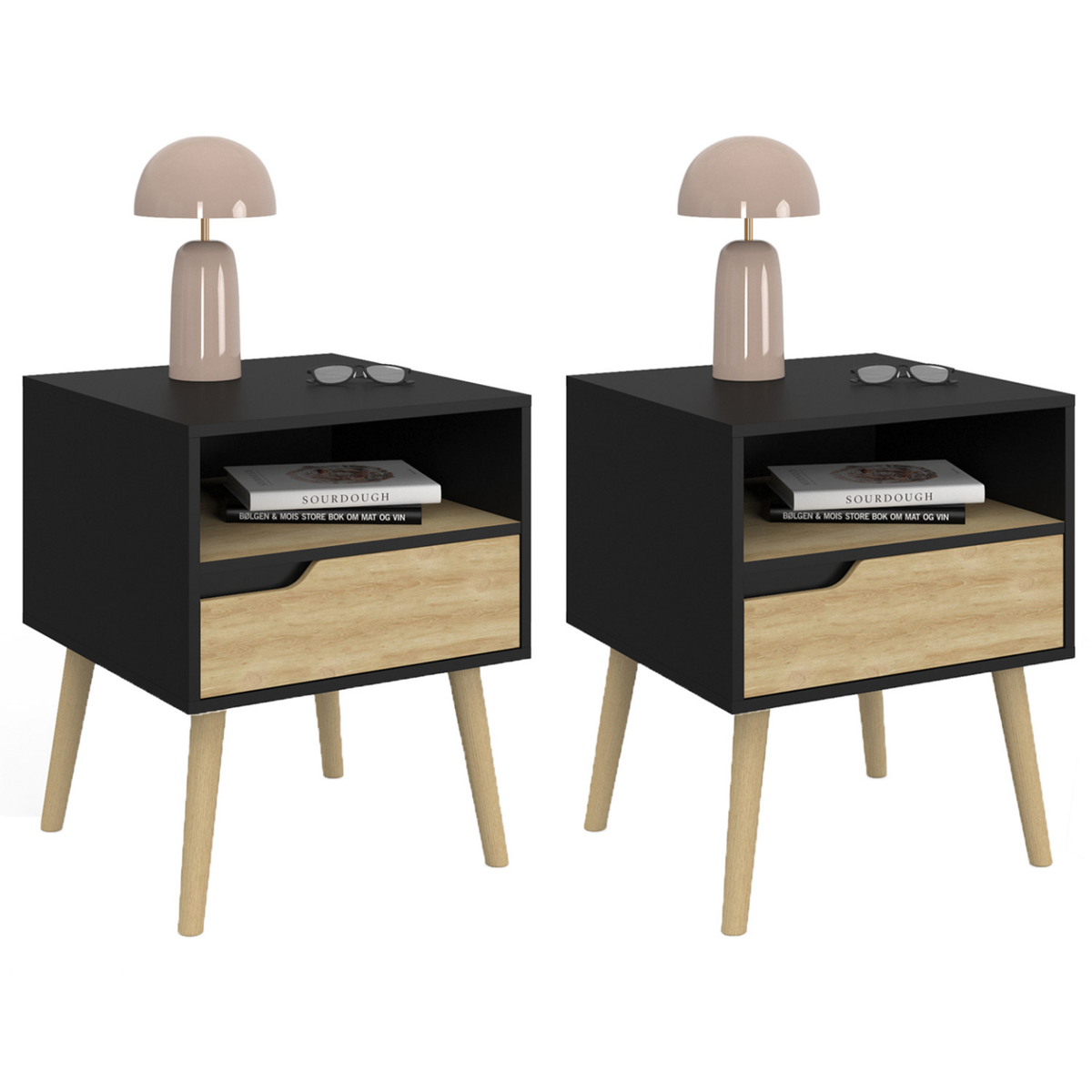 ID MARKET Lot de 2 tables de chevet HELSINKI scandinaves 1 tiroir avec niche noir et effet hêtre