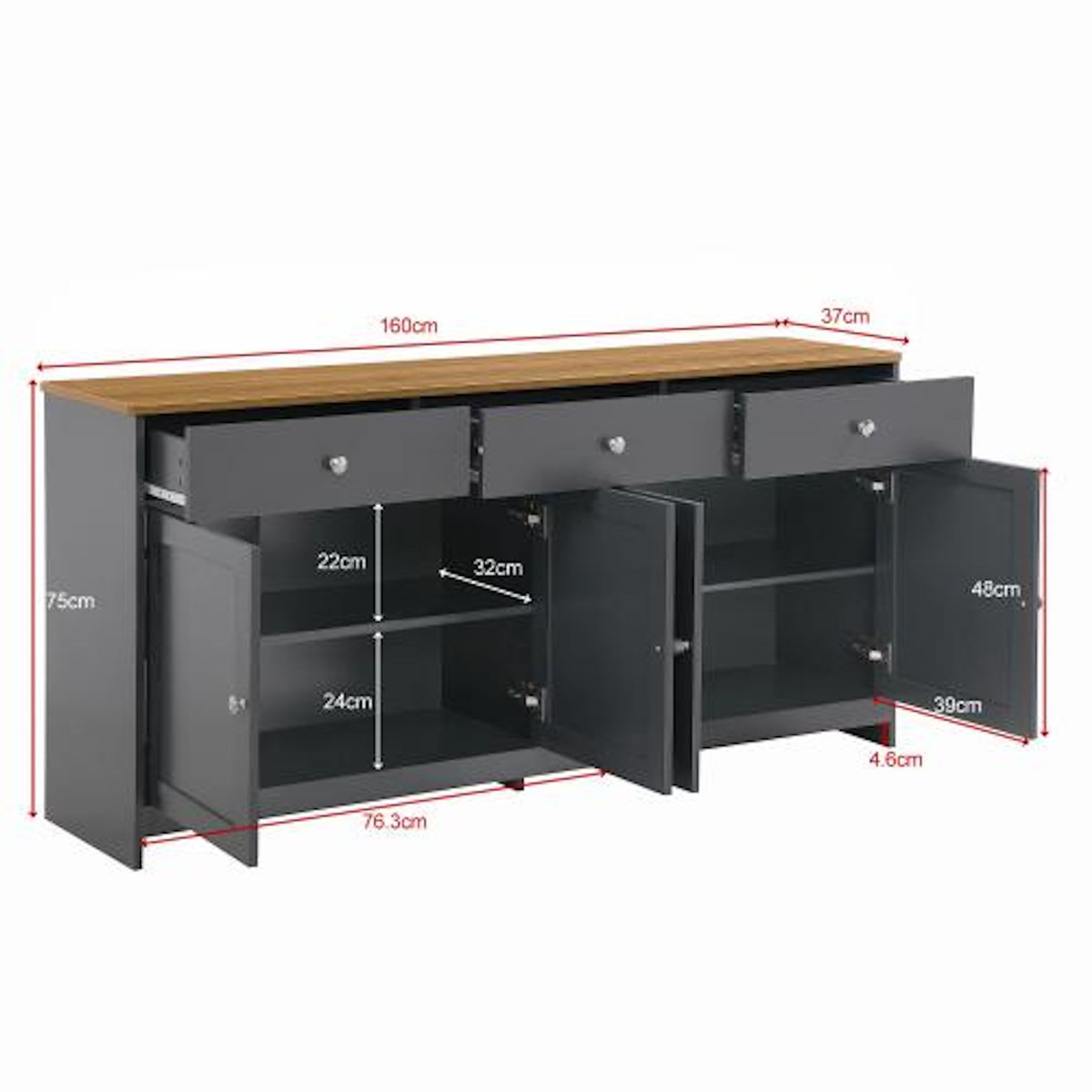 MERAX Buffet 4 porte(s) 3 tiroir(s) - 160 cm gris+naturel mdf