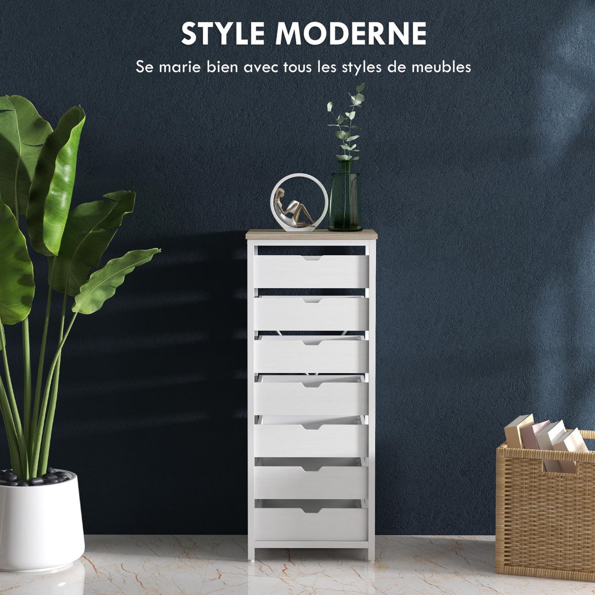 HOMCOM Meuble de rangement chiffonnier moderne 7 tiroirs poignées invisibles acier panneaux blanc chêne clair