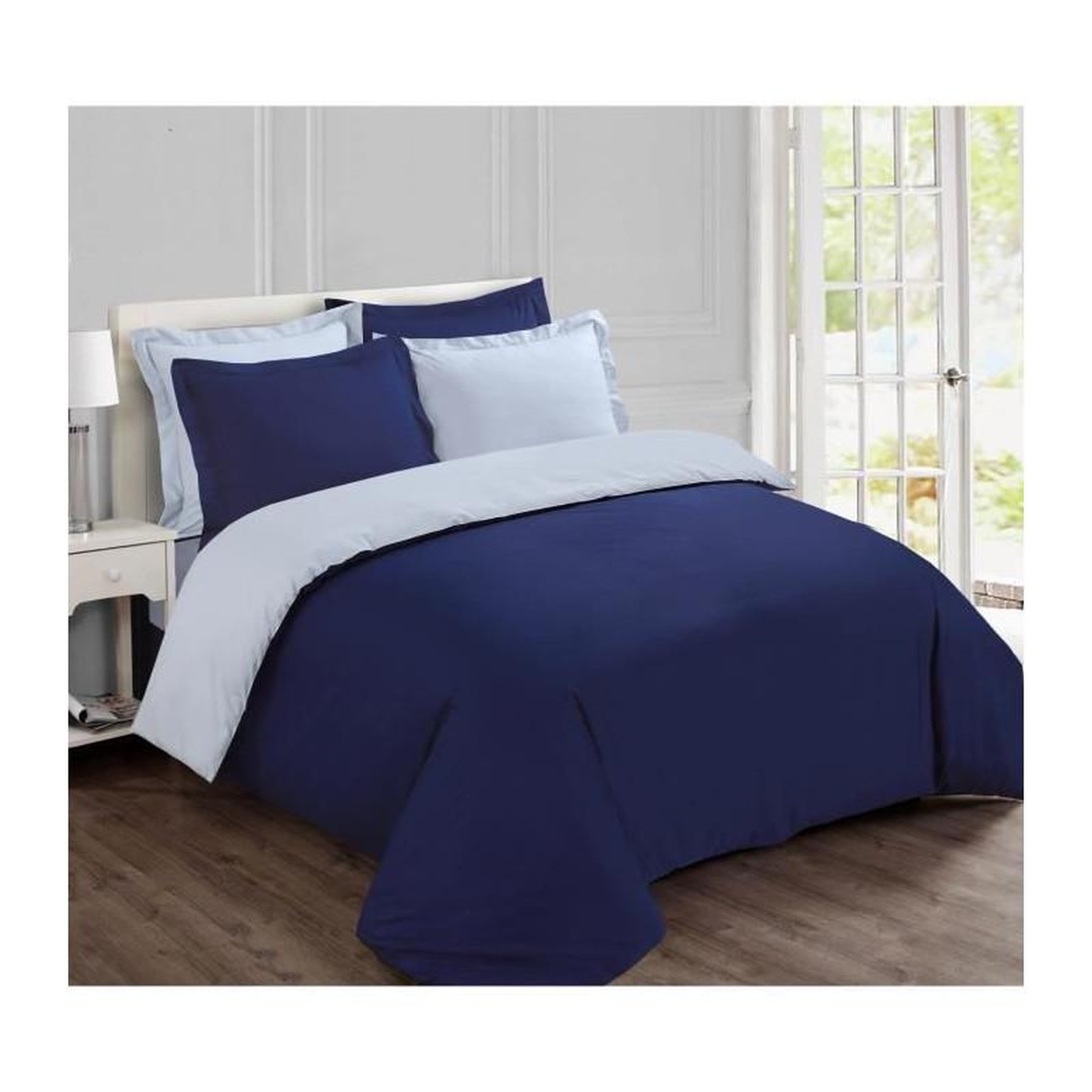 VISION VISION - Parure housse de couette - Réversible Uni Marine et gris 240x220cm - 100% coton
