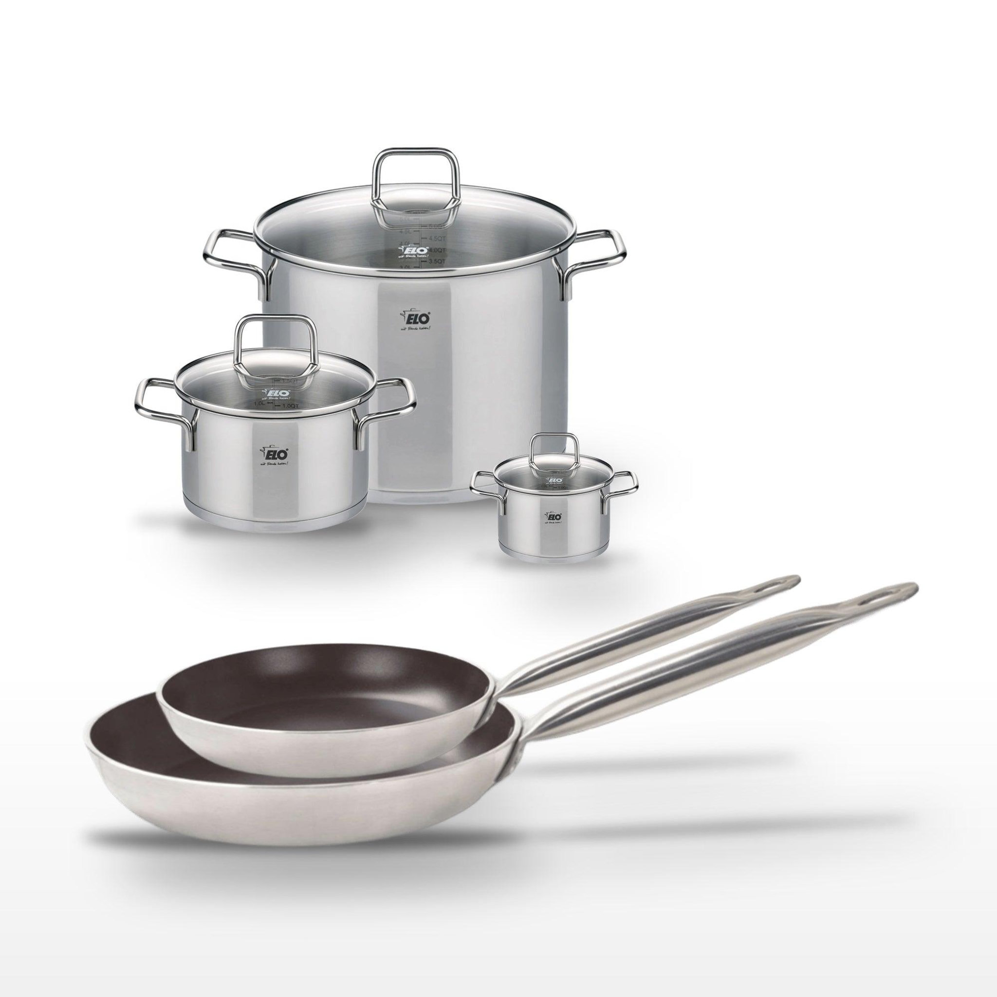 Voir la diapositive 2 : ELO Lot de 2 poêles 24/28cm et 3 faitouts 12/20/26cm elo bistro line