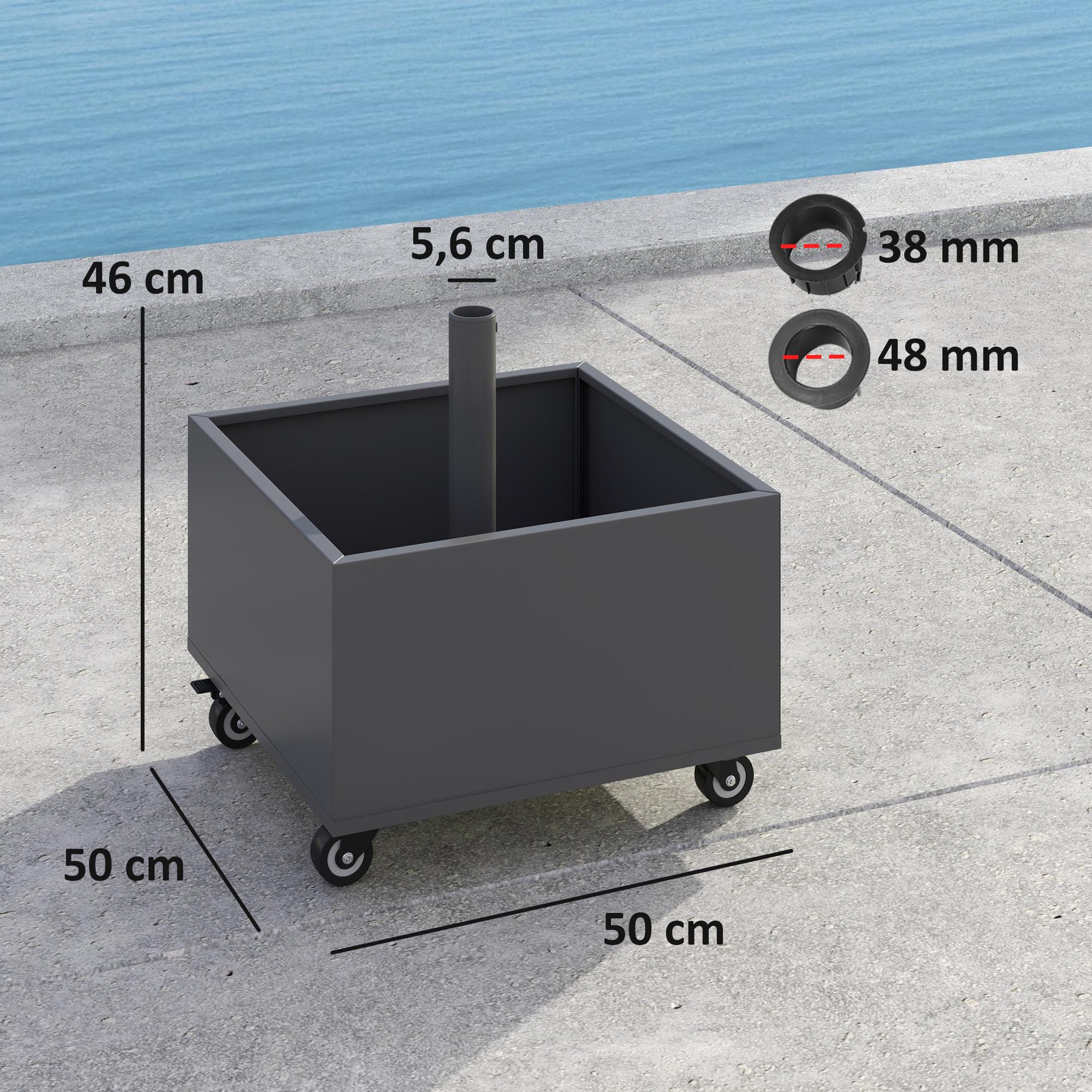 Voir la diapositive 3 : OUTSUNNY Pied de parasol carré jardinière 2 en 1 - 4 roues 2 freins - 50 x 50 x 46 cm - métal galvanisé gris