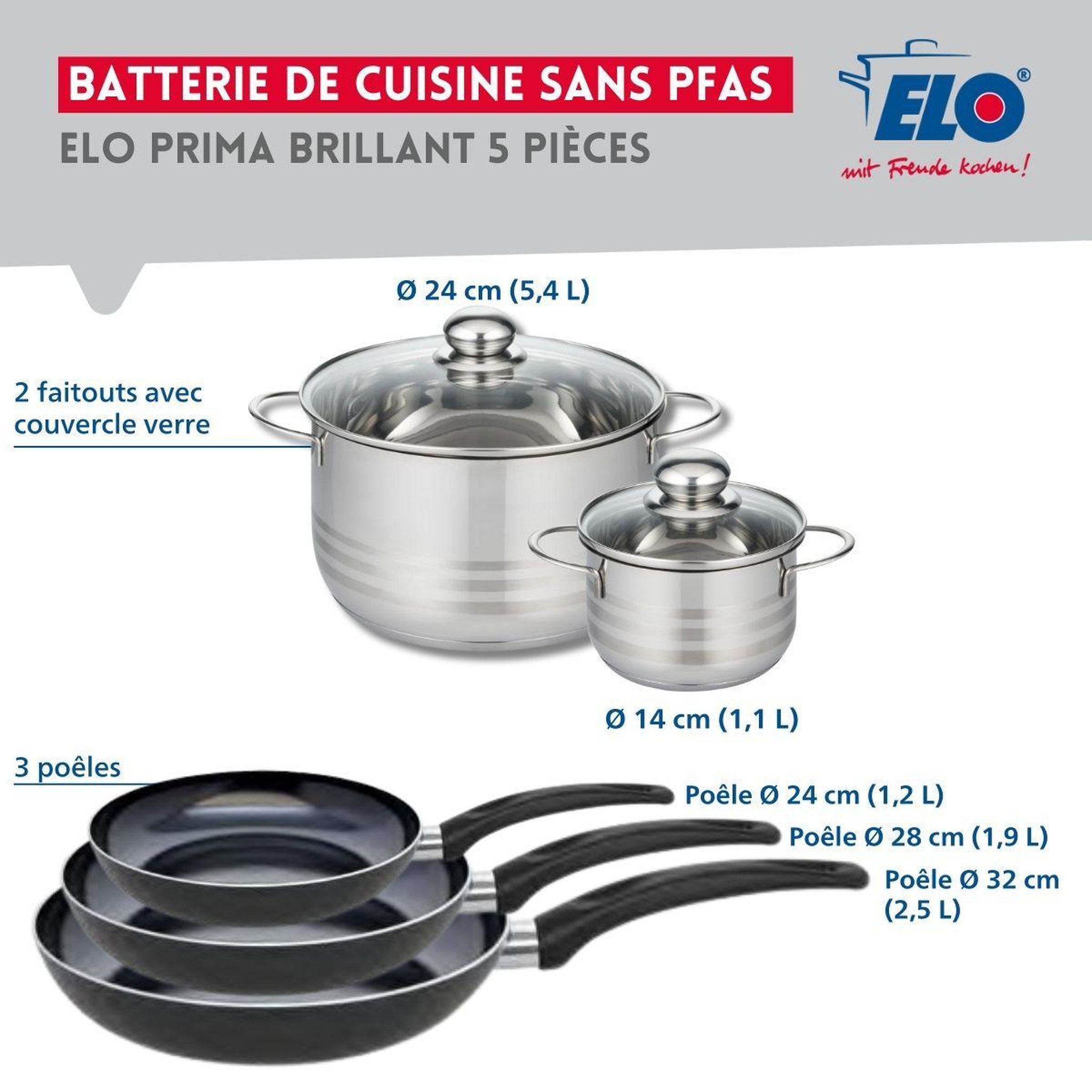Voir la diapositive 2 : ELO Ensemble de 3 poêles de cuisson 24, 28 et 32 cm et 2 faitouts 14 et 24 cm elo prima brillant