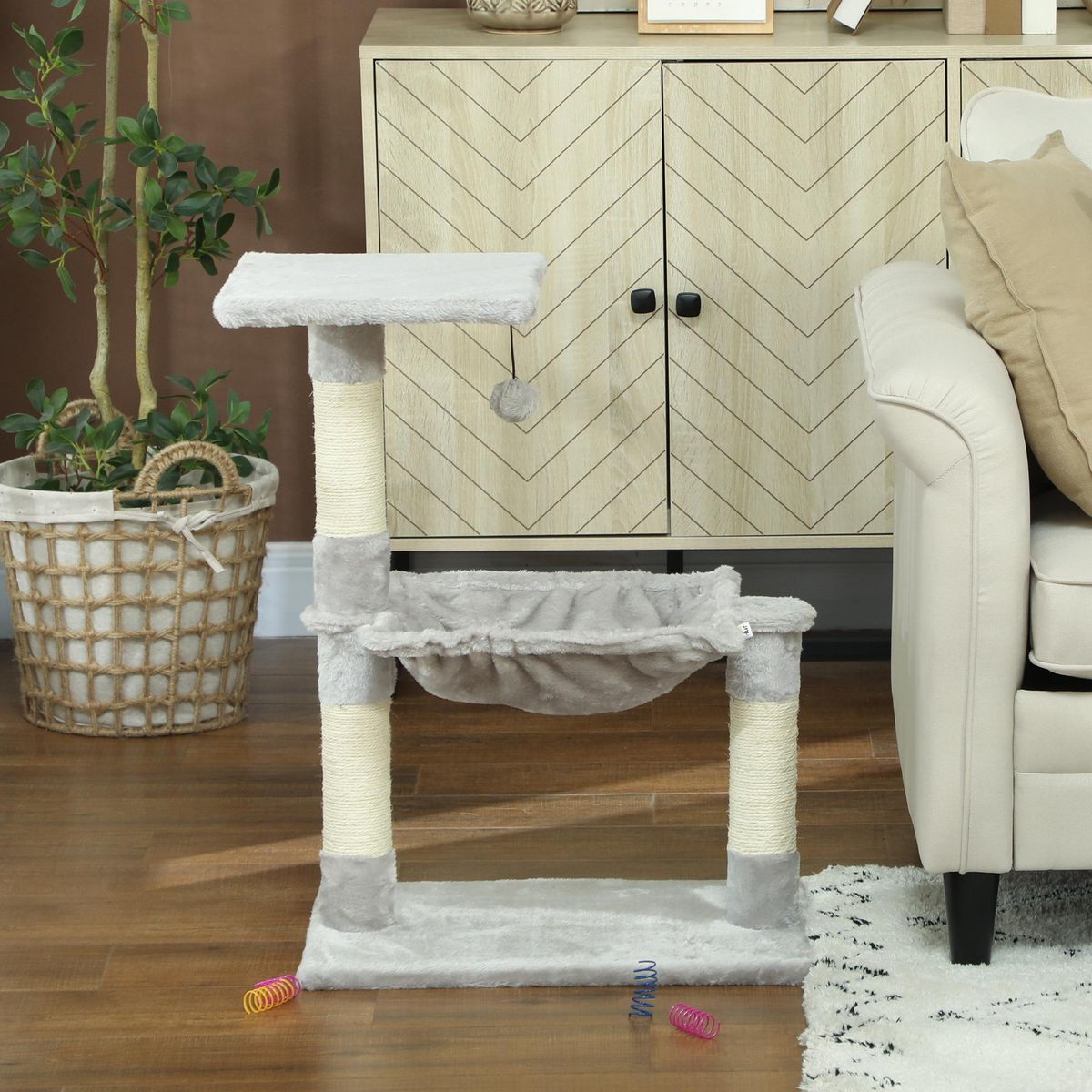 PAWHUT Arbre à chat 3 griffoirs grattoirs sisal naturel plateforme hamac et boule suspendue dim. 50L x 36l x 70H cm peluche haute densité 220 g/m² gris clair