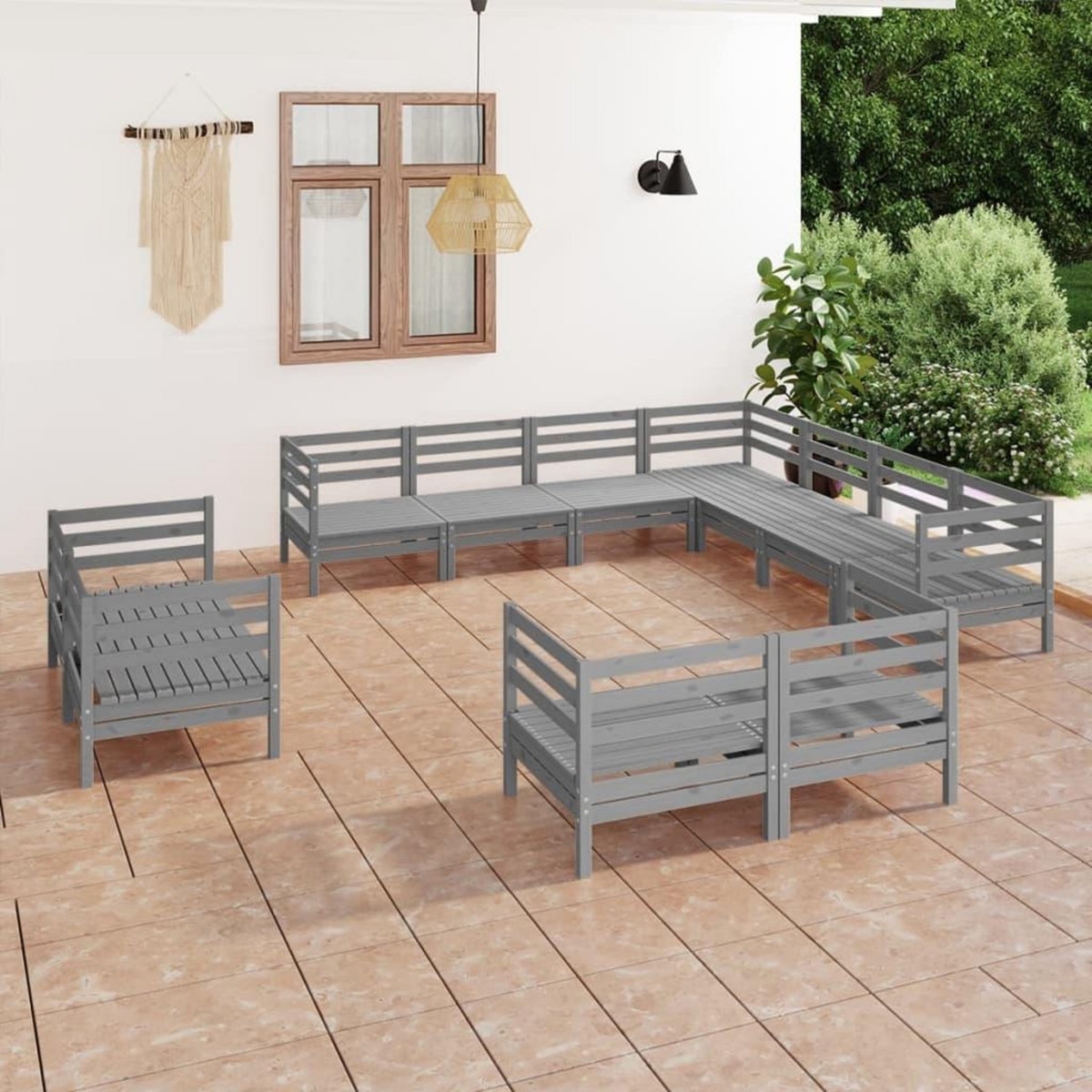 VIDAXL Salon de jardin 11 pcs Bois de pin massif Gris