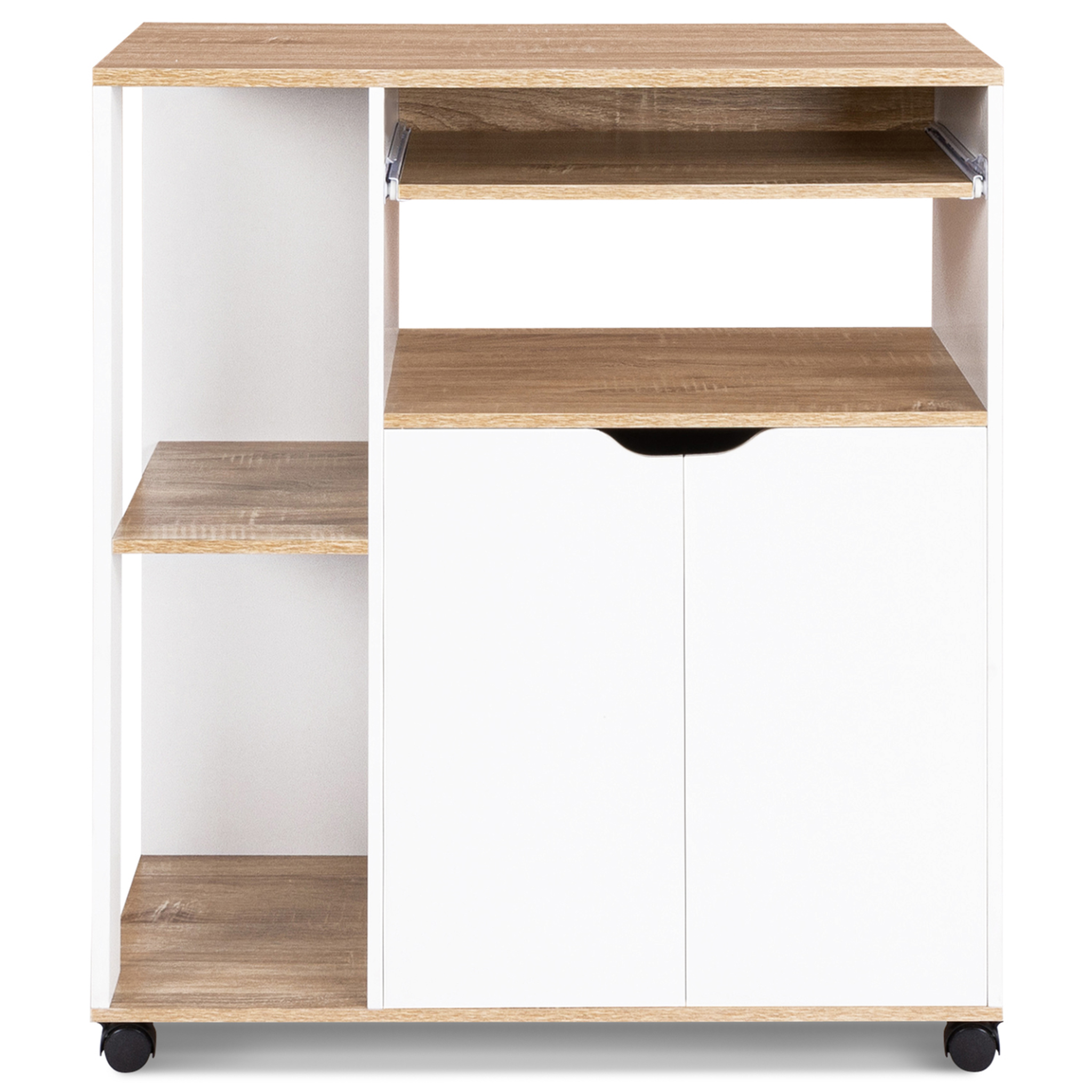Voir la diapositive 3 : ID MARKET Desserte de cuisine cosi bois blanc et plateaux façon hêtre l.76 cm