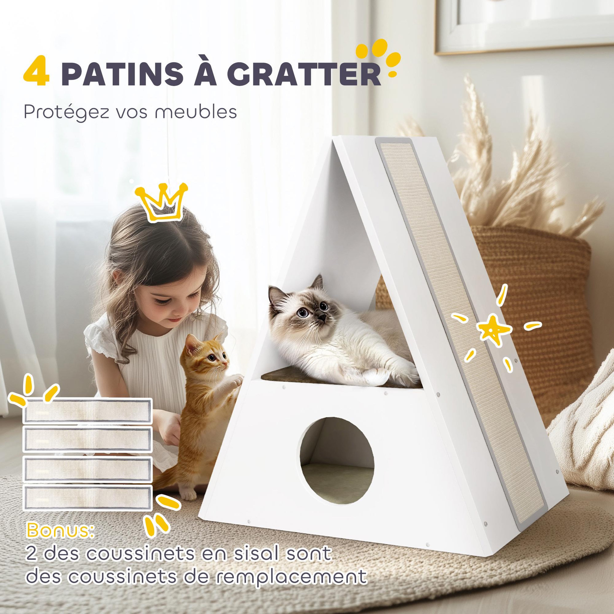 Voir la diapositive 6 : PAWHUT Niche chat design - maison pour chat - 2 tapis, 2 grattoirs sisal - blanc beige