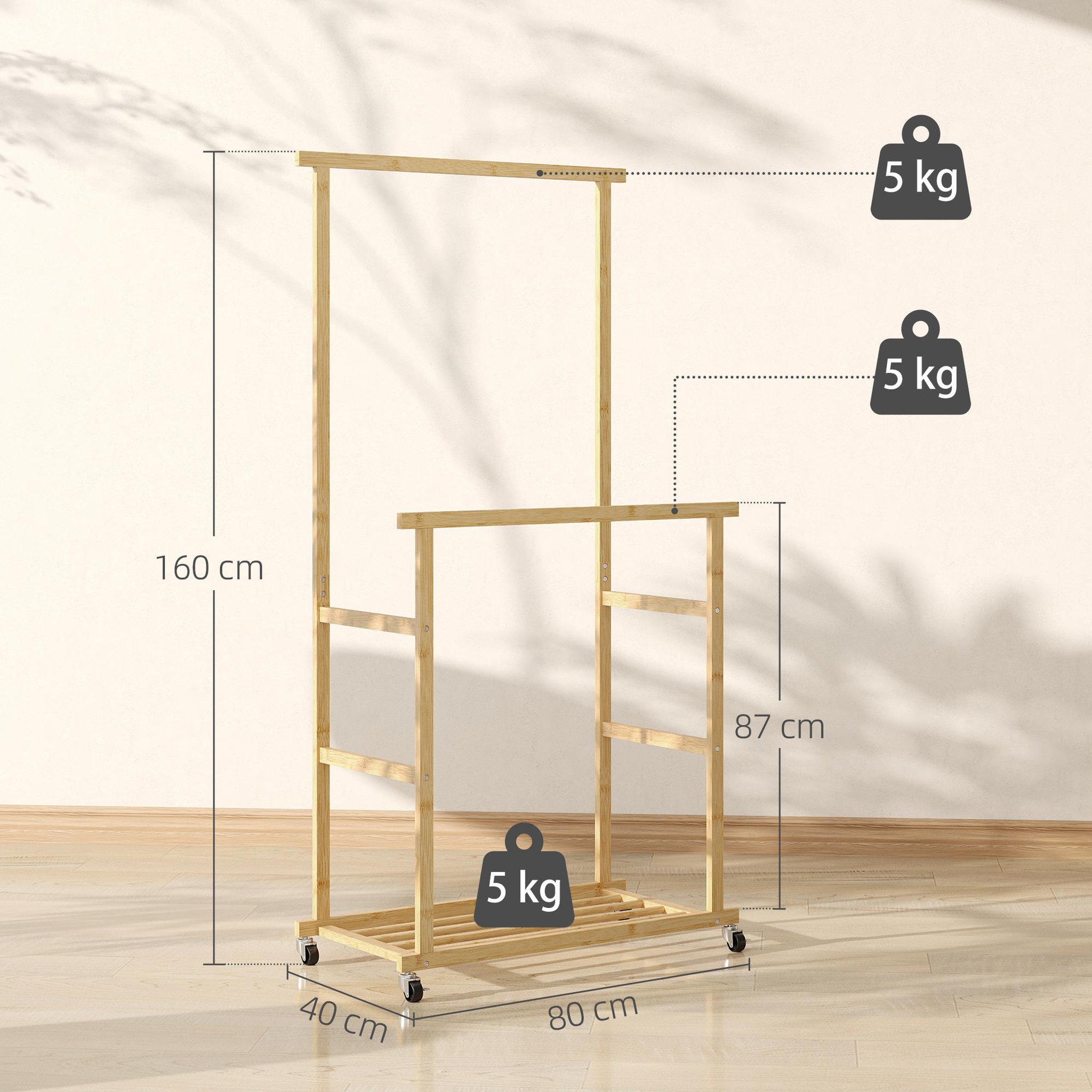 Voir la diapositive 3 : HOMCOM Portant bois bambou naturel verni - penderie mobile double barre et étagère - 80 x 40 x 160 cm