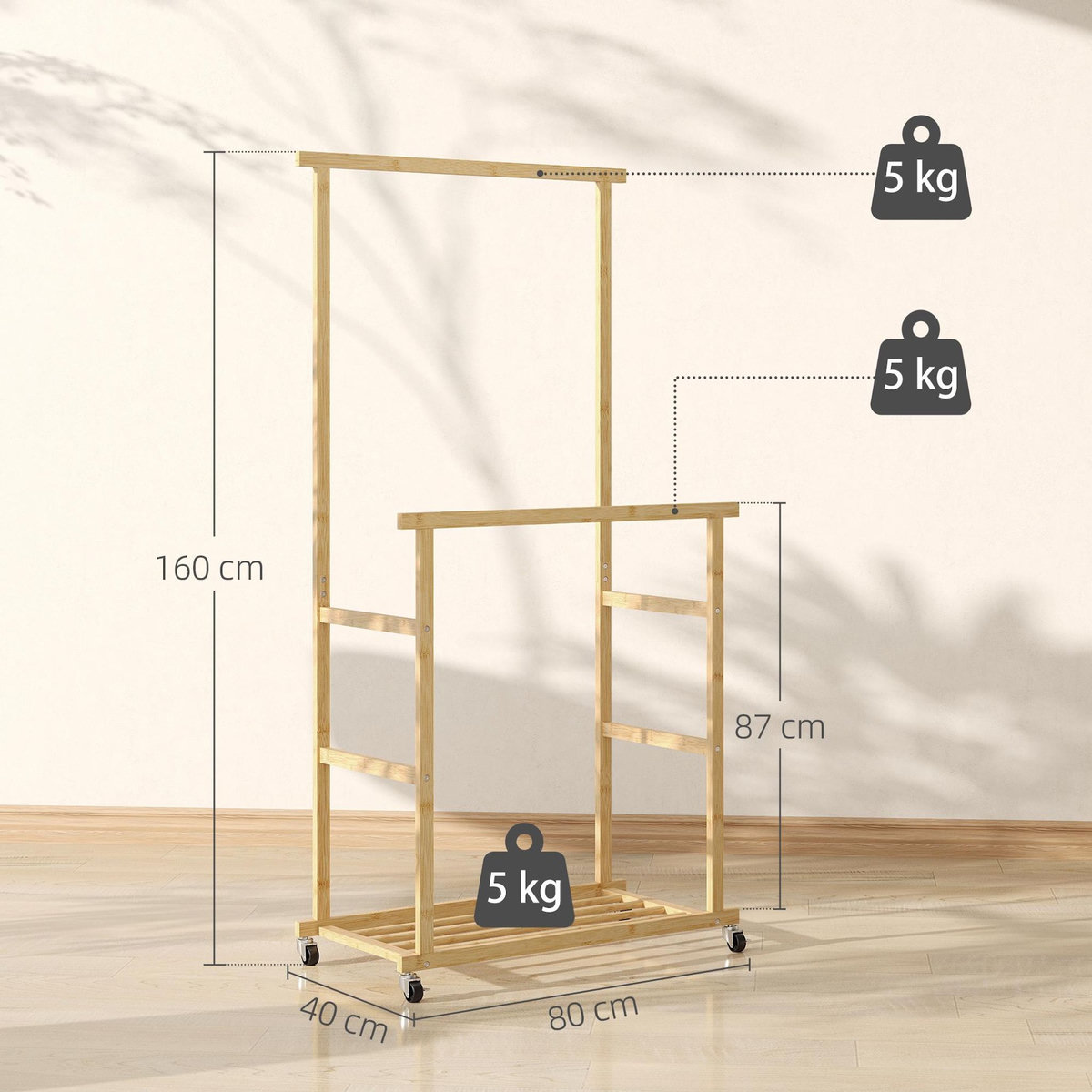 HOMCOM Portant bois bambou naturel verni - penderie mobile double barre et étagère - 80 x 40 x 160 cm