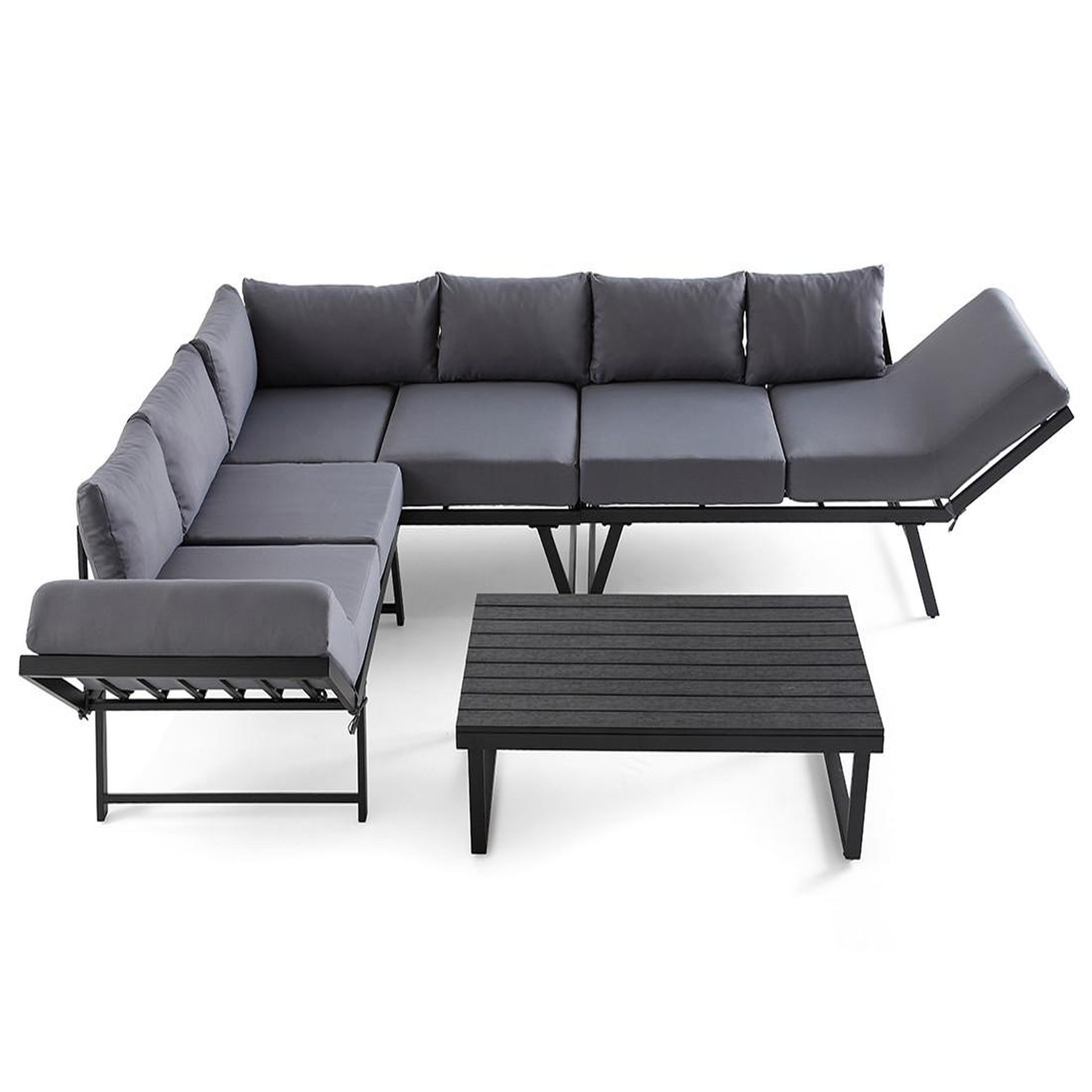 Voir la diapositive 1 : BEST MOBILIER Konna – salon de jardin d'angle en acier noir – 5 places - coussin gris et table incluse