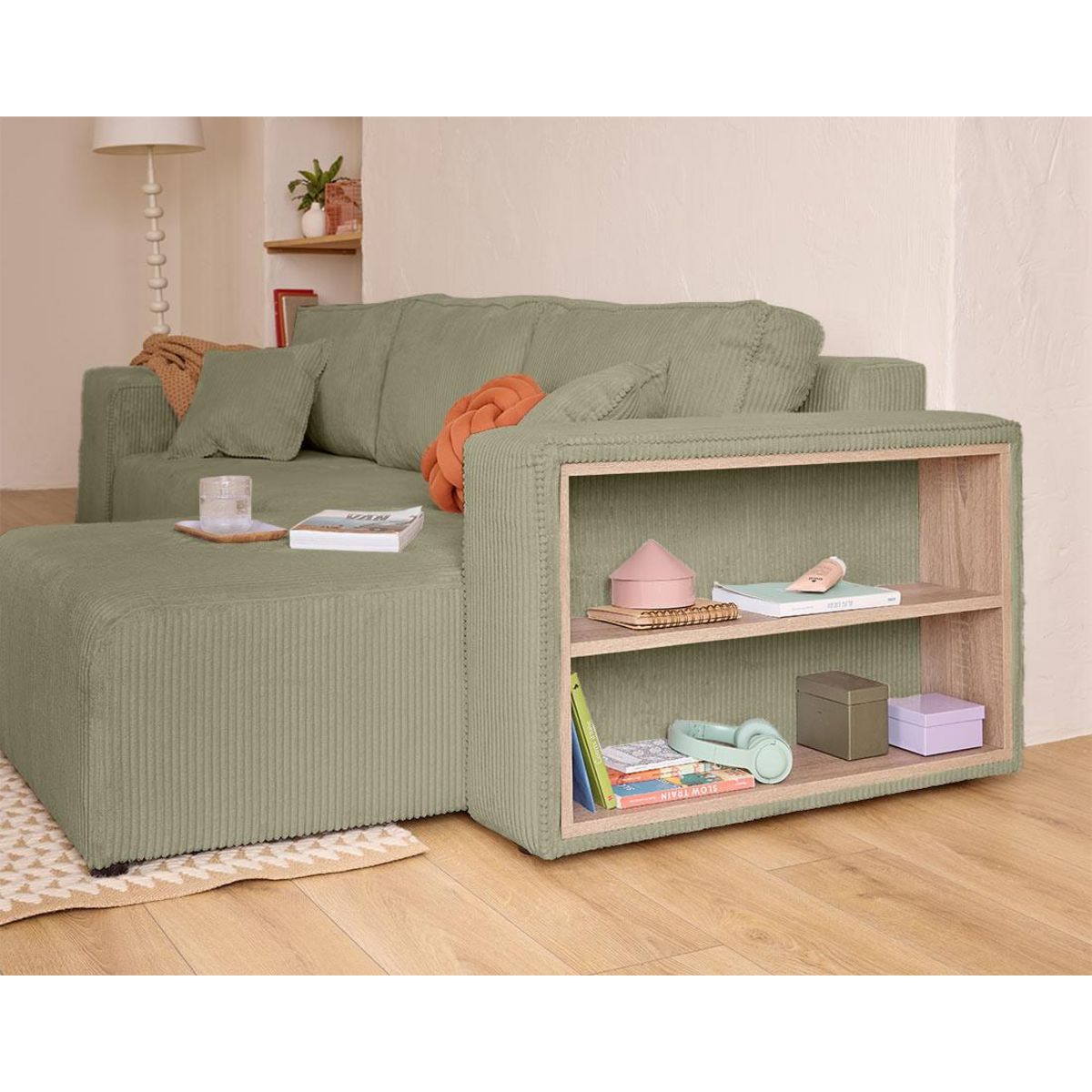 BEST MOBILIER Topaze - canapé d'angle réversible 4 places - convertible avec coffre, tablette et poufs - en velours côtelé