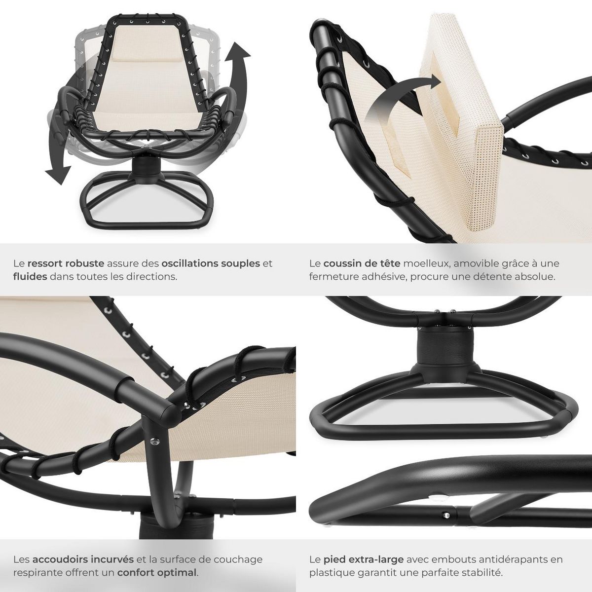 tectake Chaise longue de jardin ergonomique avec mouvement de balancement confortable beige