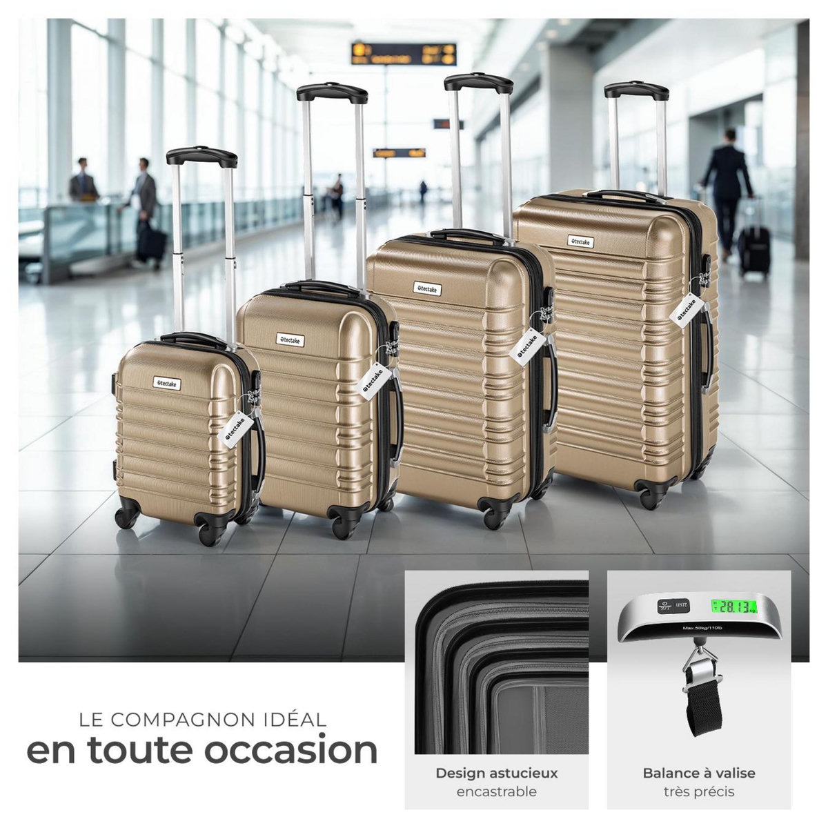 tectake Set de valises rigides 4 pièces en plastique ABS robuste, pèse-bagages et une étiquette de valise incluses champagne