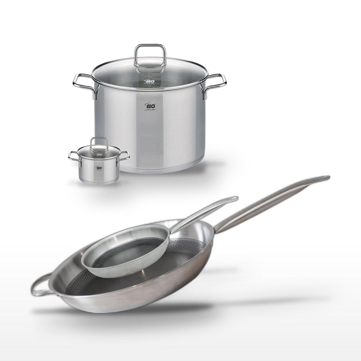 ELO Lot Poêles 32cm et 24cm Elo Relief Solution avec Faitouts 26cm et 12cm