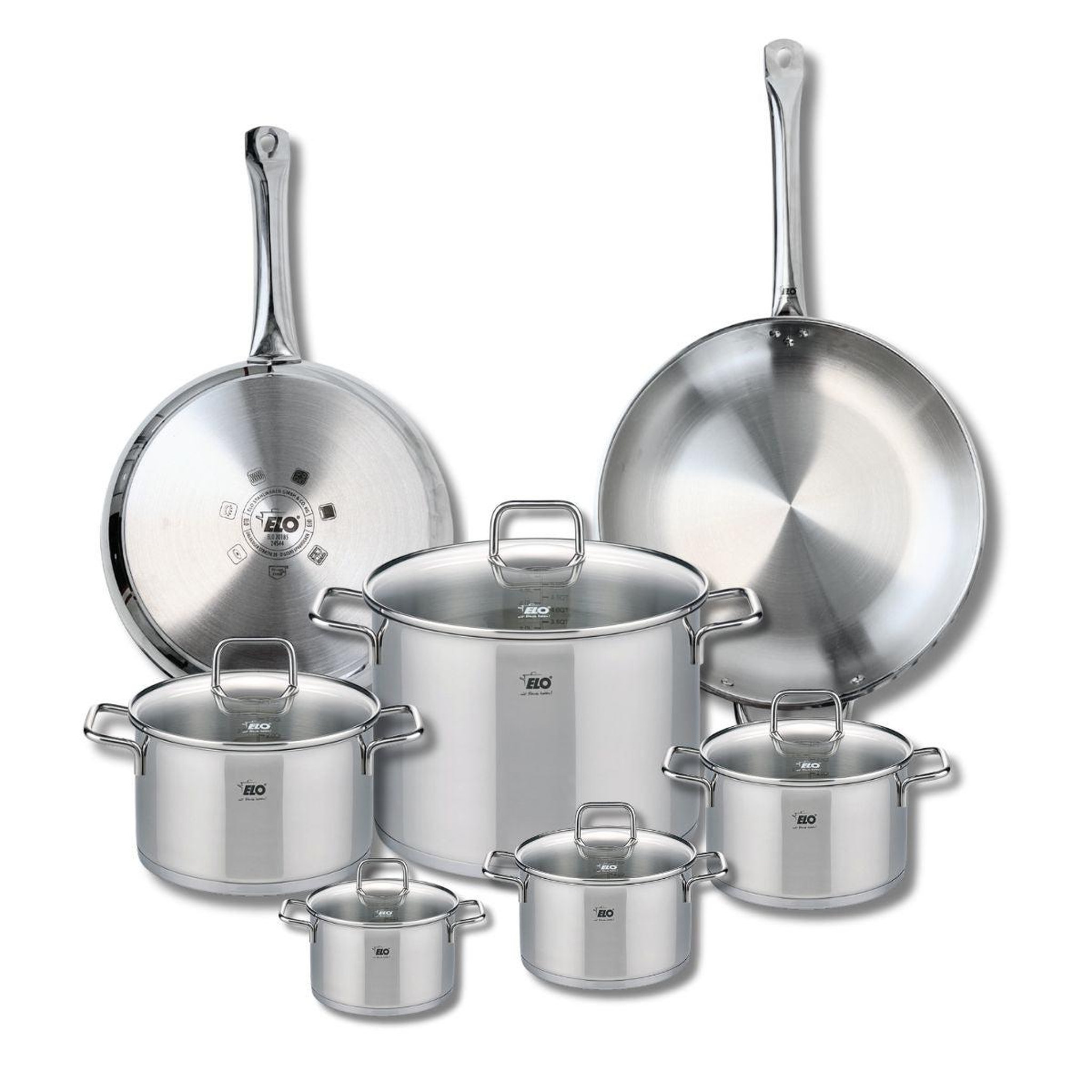ELO Ensemble de 2 poêles de cuisson 28 et 32 cm et 5 faitouts 12, 14, 16, 20 et 26 cm elo profi citrin