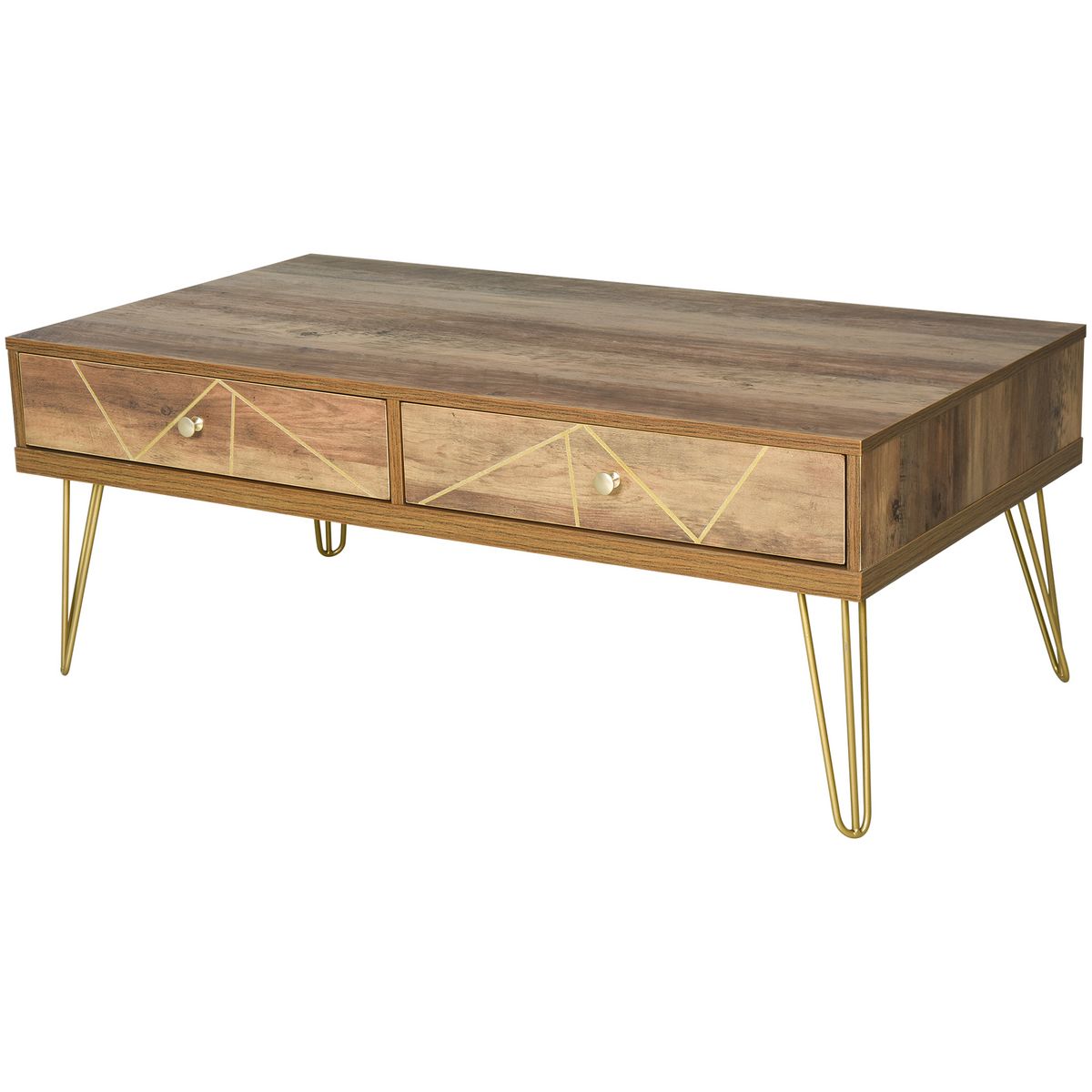 HOMCOM Table Basse en Bois Table de Salon Grand Plateau et 2 Tiroirs Design de Luxe Élégant Décoration avec Lignes Dorées Peintes à La Main 110L x 59l x 42H cm Brun