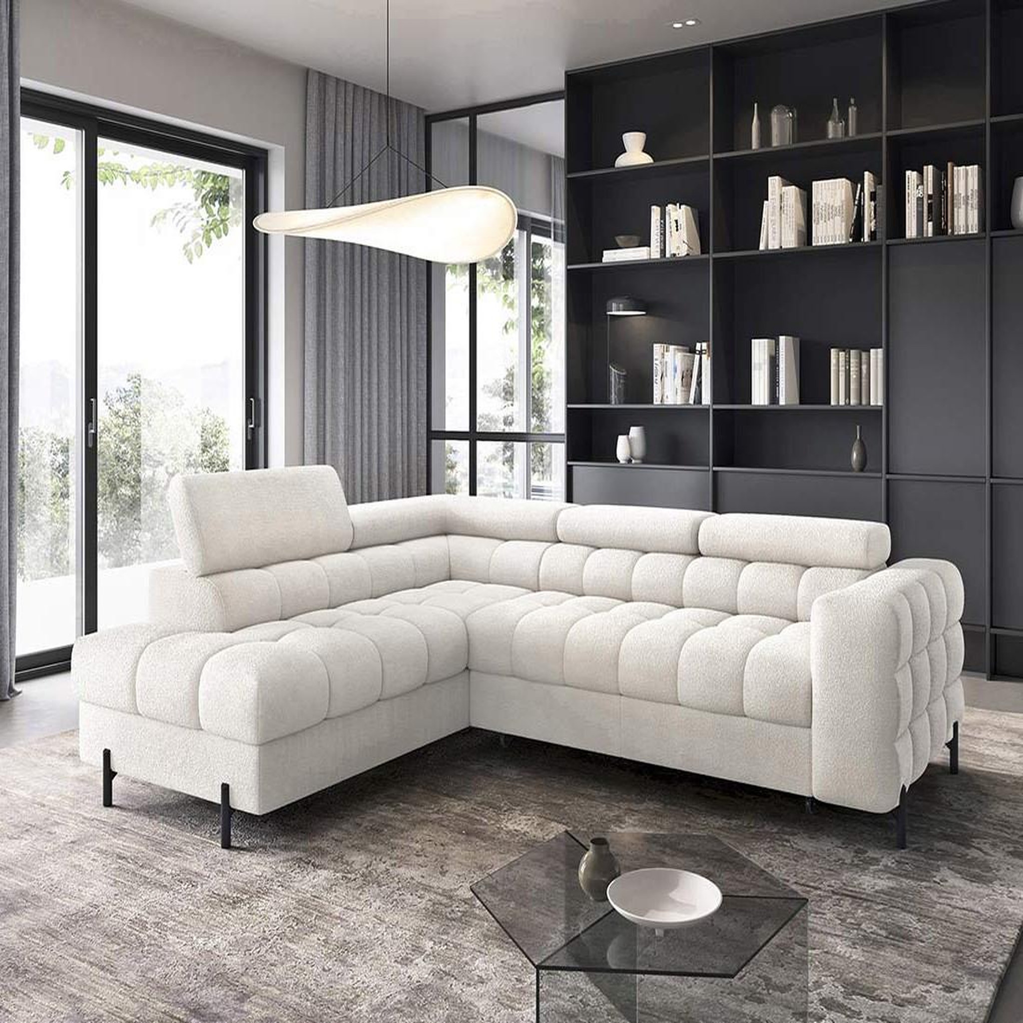 BEST MOBILIER Elisa - canapé d'angle gauche 5 places convertible avec coffre et têtières réglables en tissu bouclette. Coloris disponibles : Gris, Marron, Blanc, Beige