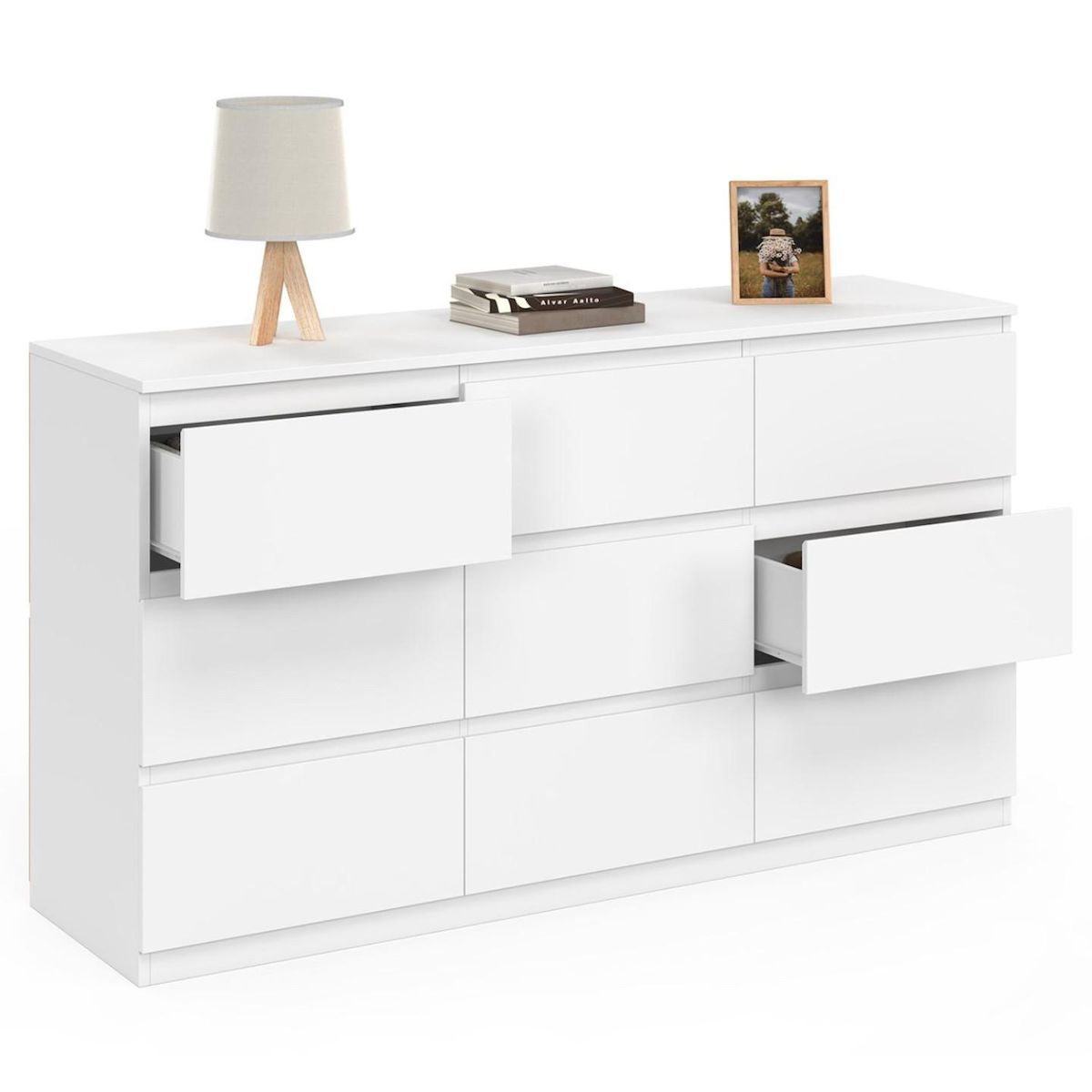 ID MARKET Commode 9 tiroirs TOMI XXL 136 cm bois blanc