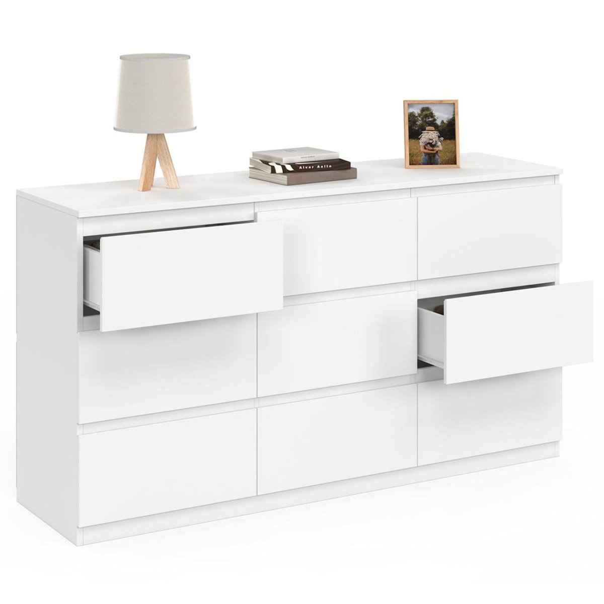 ID MARKET Commode 9 tiroirs TOMI XXL 136 cm bois blanc