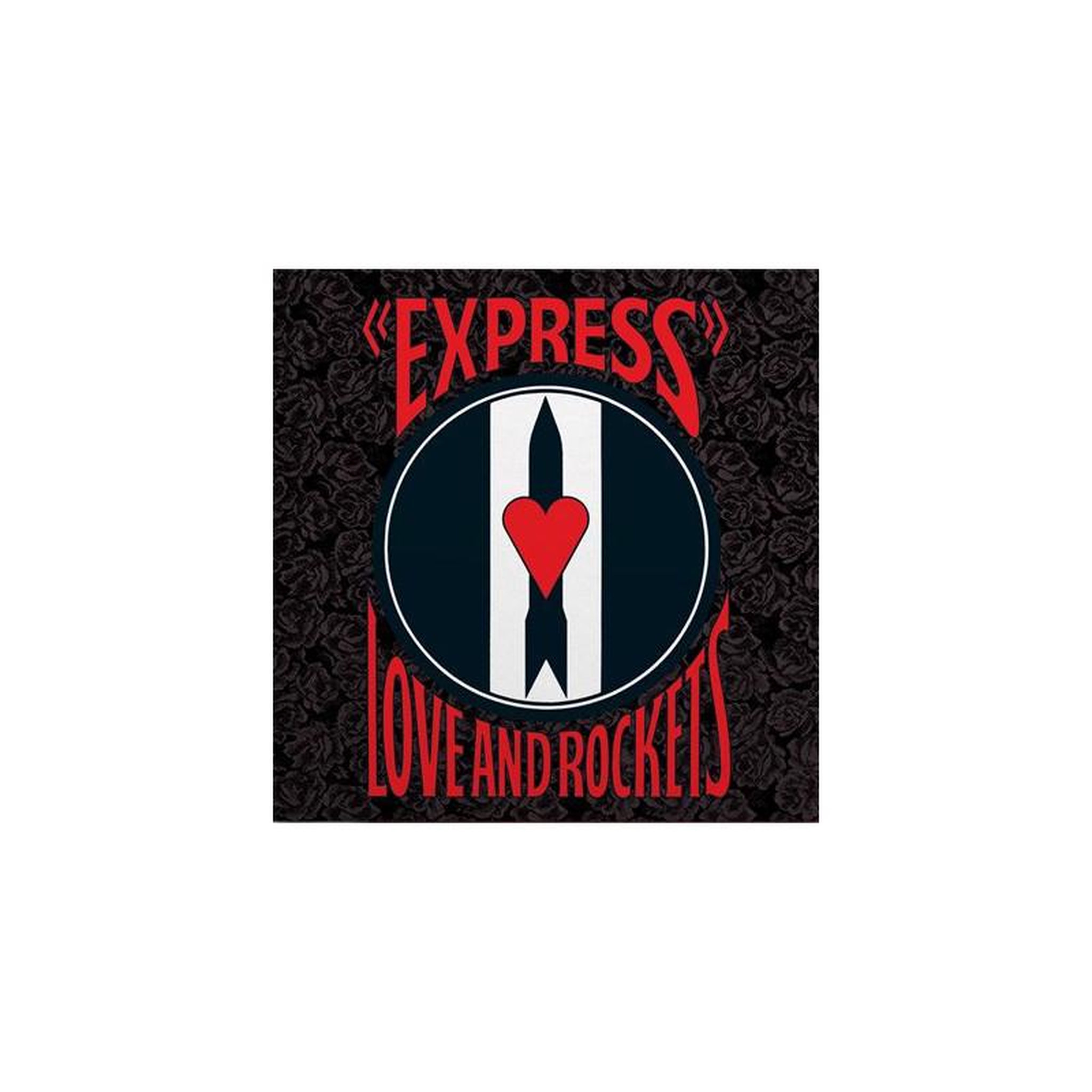 Pochette vinyle design rock carré noir express, emblème circulaire cœur rouge love and rockets