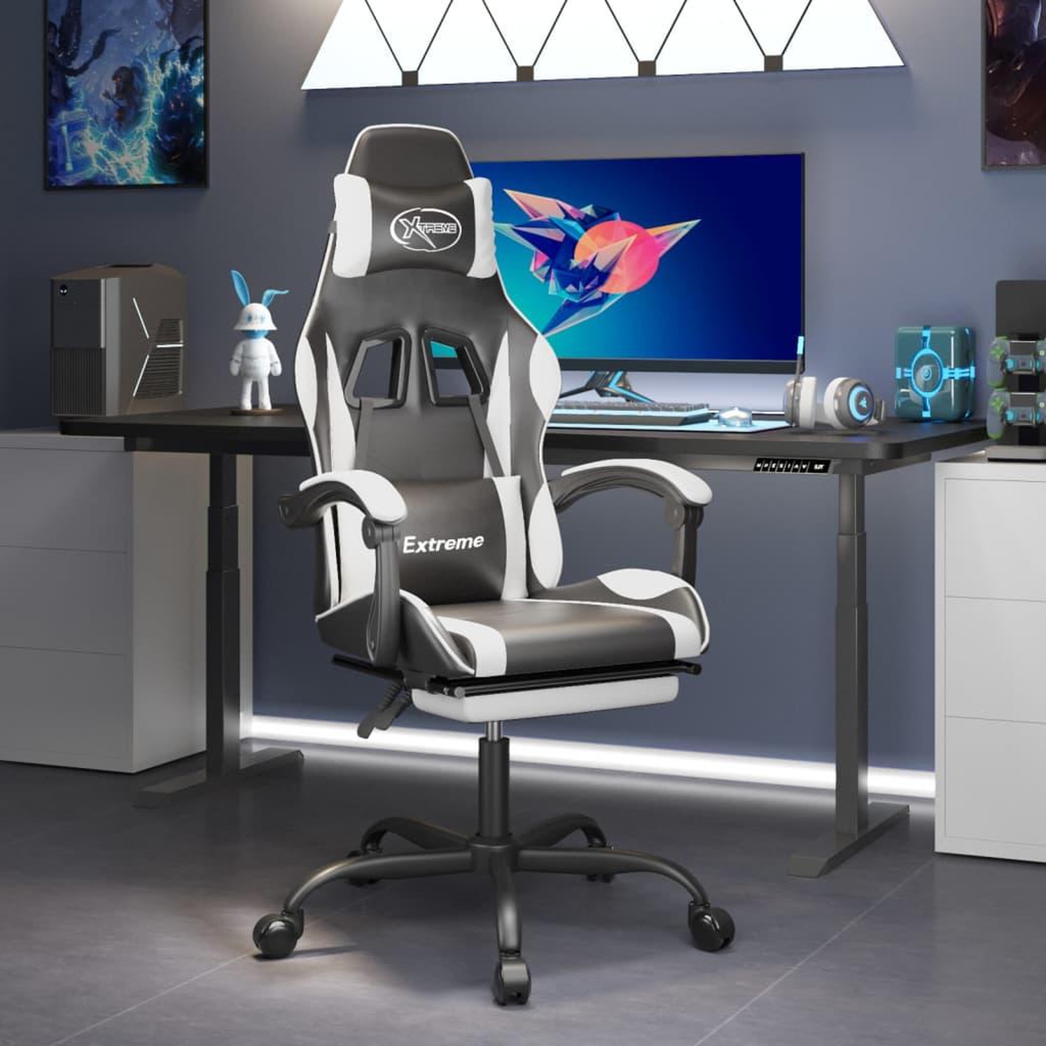 VIDAXL Chaise de jeu pivotante et repose-pied Noir et blanc Similicuir