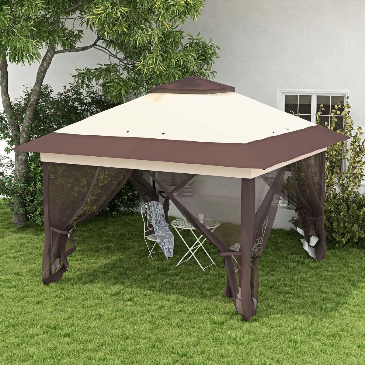 OUTSUNNY Tonnelle barnum de jardin pop-up pliant 3,64L x 3,64l x 2,98H m acier polyester moustiquaires + sac de transport à roulettes beige marron