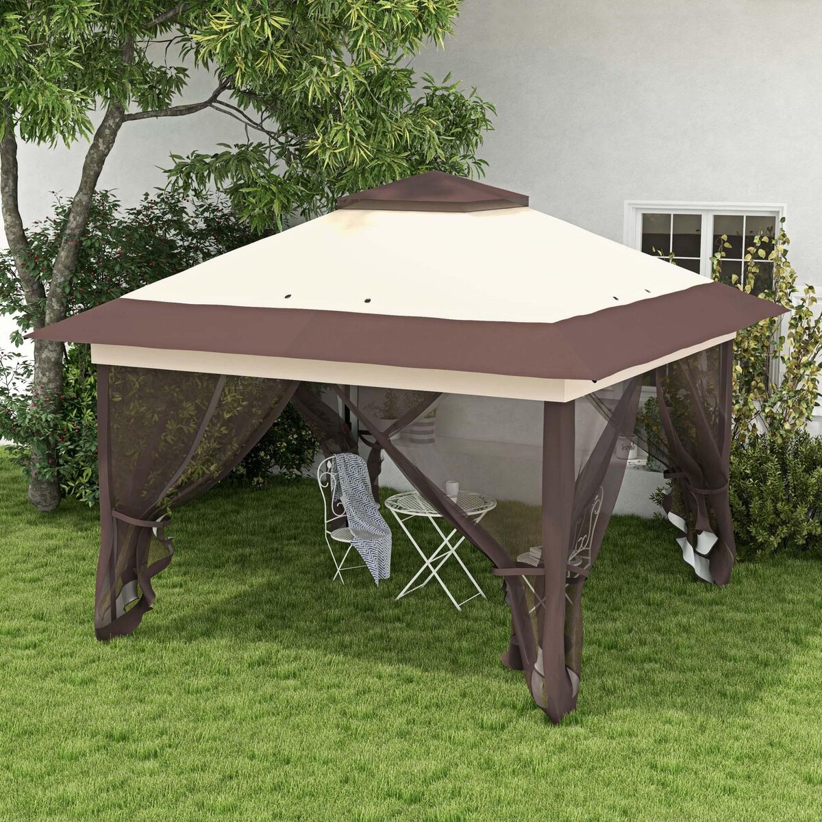 OUTSUNNY Tonnelle barnum de jardin pop-up pliant 3,64L x 3,64l x 2,98H m acier polyester moustiquaires + sac de transport à roulettes beige marron