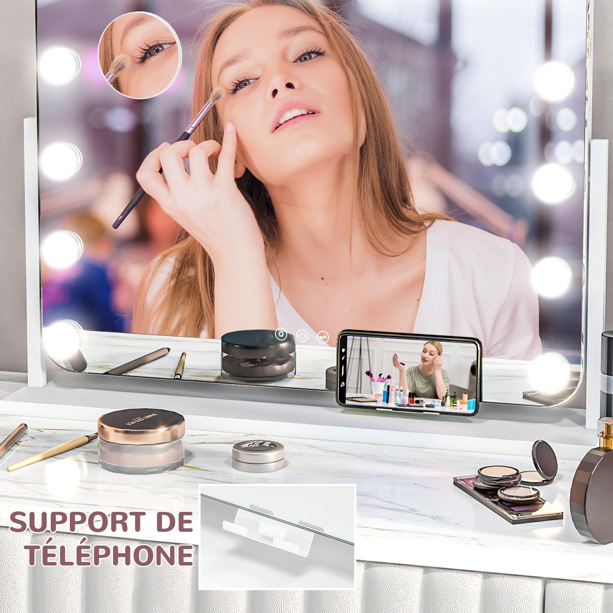 Voir la diapositive 5 : HOMCOM Miroir maquillage hollywood lumineux led intensité réglable grossissant rotatif charge usb support blanc