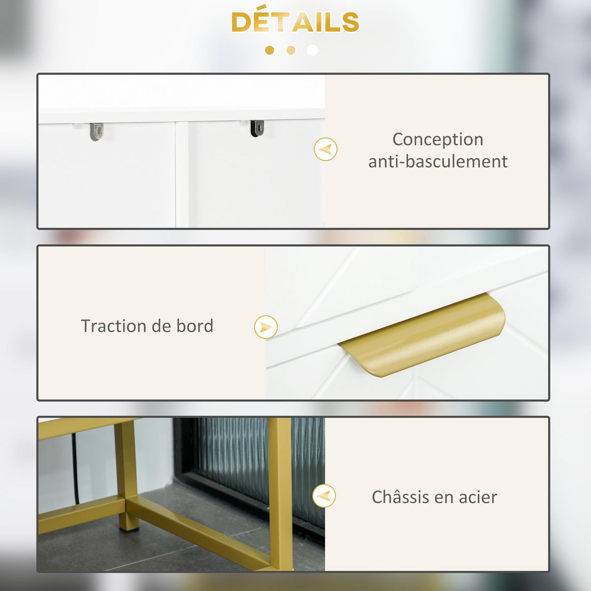 KLEANKIN Meuble bas de salle de bain design - porte, étagère, tiroir, 2 niches, 1 tiroir - acier doré MDF blanc